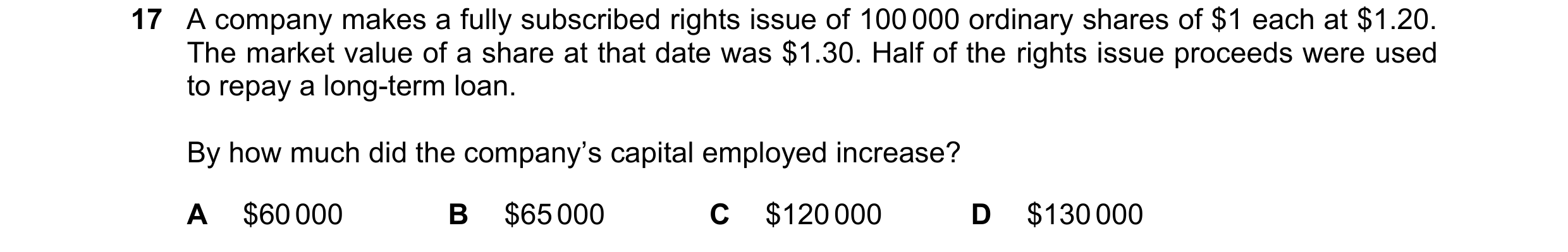 Question 107: A company makes a fully subscribed rights issue of 100 000 ordinary shares of $1 each at $1.20. The market value of a share at that date wa…