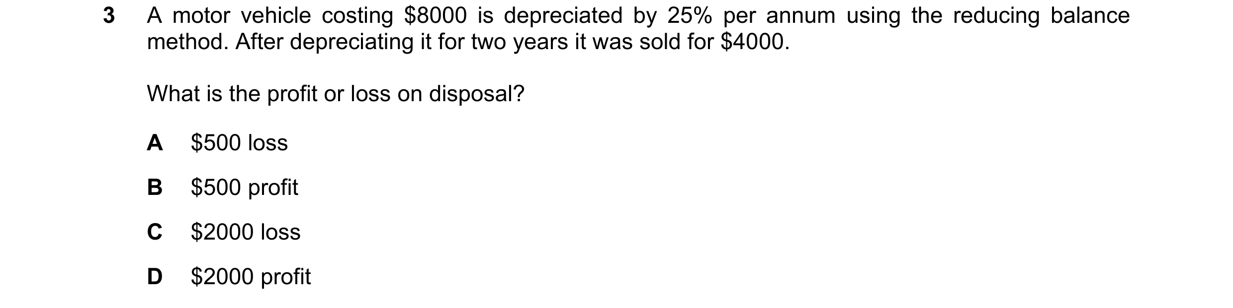Question 198: A motor vehicle costing $8000 is depreciated by 25% per annum using the reducing balance method. After depreciating it for two years it was…