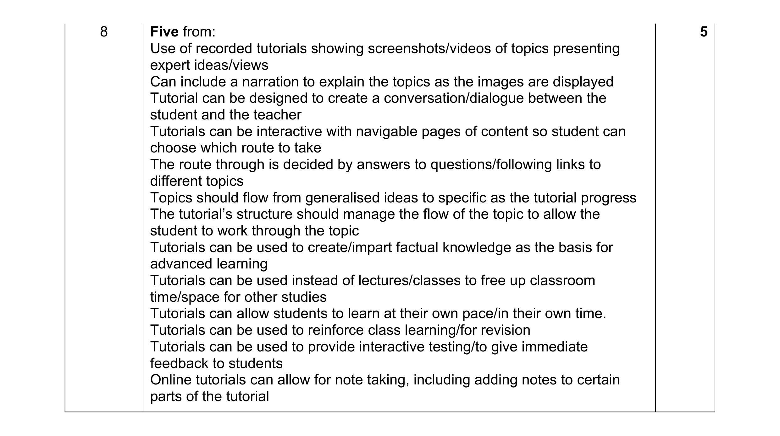 Mark scheme for question 7