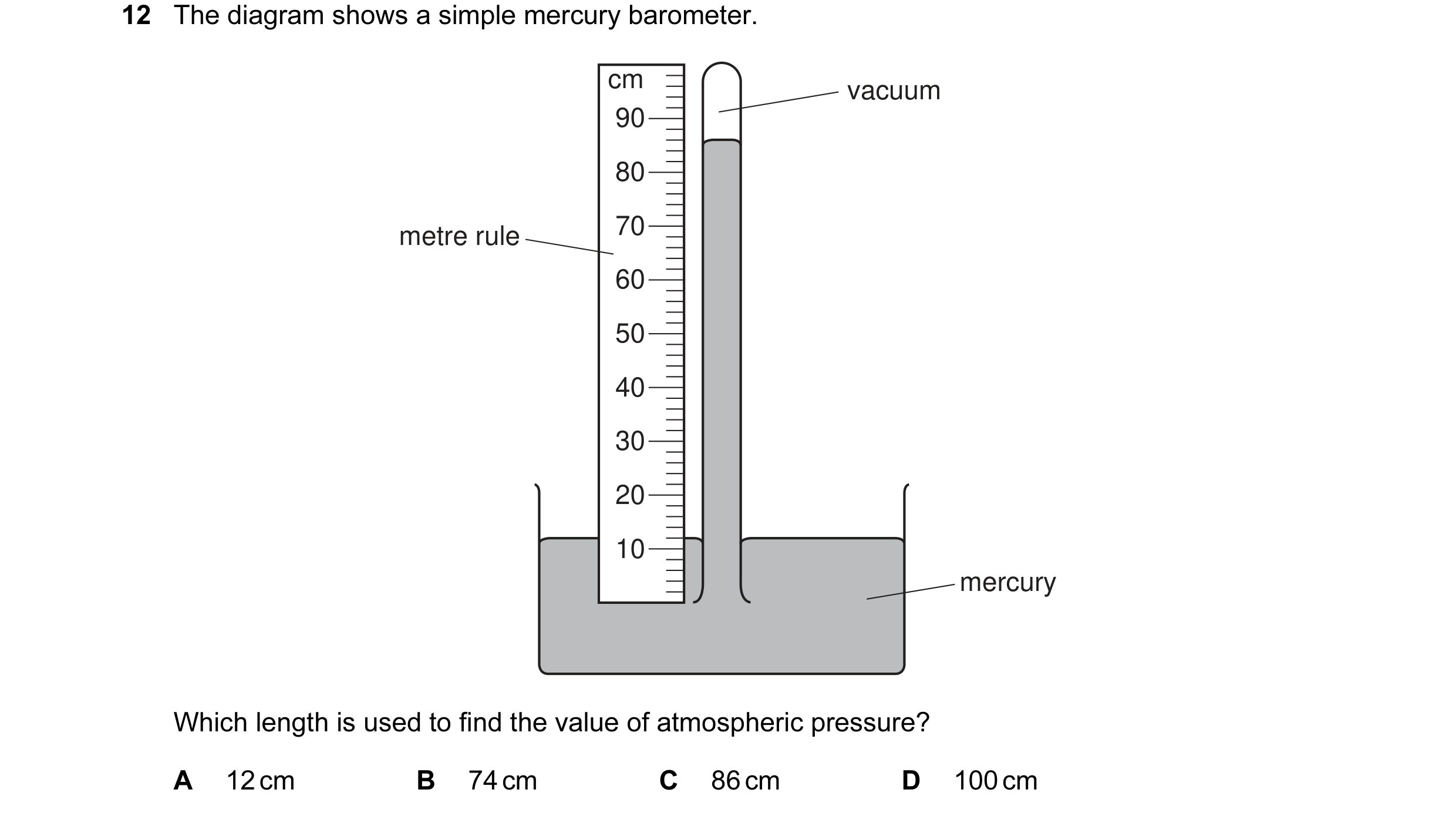 Question 57: The diagram shows a simple mercury barometer. cm vacuum 90 80 metre rule 70 60 50 40 30 20 10 mercury Which length is used to find the valu…