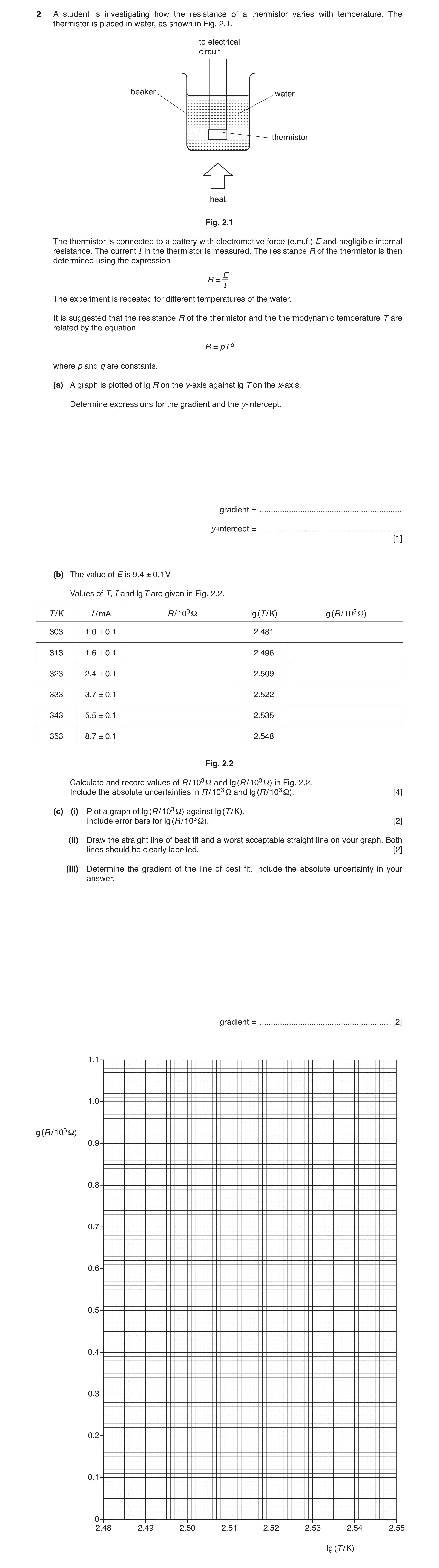Question 42: A student is investigating how the resistance of a thermistor varies with temperature. The thermistor is placed in water, as shown in Fig. …