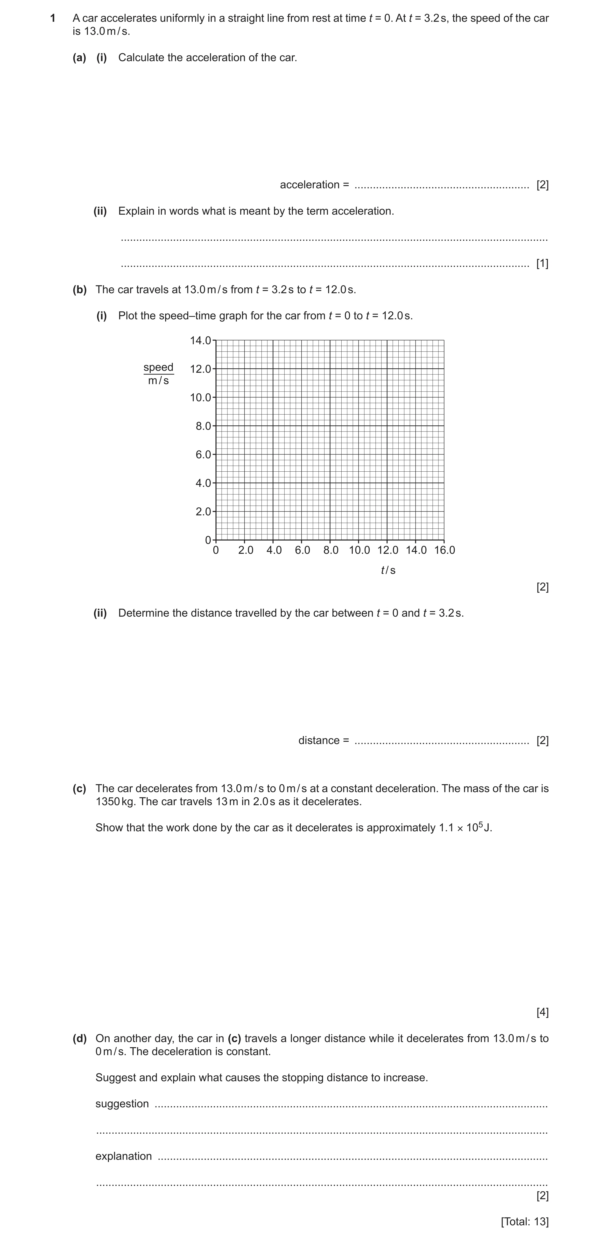 Question 45: A car accelerates uniformly in a straight line from rest at time t = 0. At t = 3.2 s, the speed of the car is 13.0 m / s. (a) (i) Calculate…
