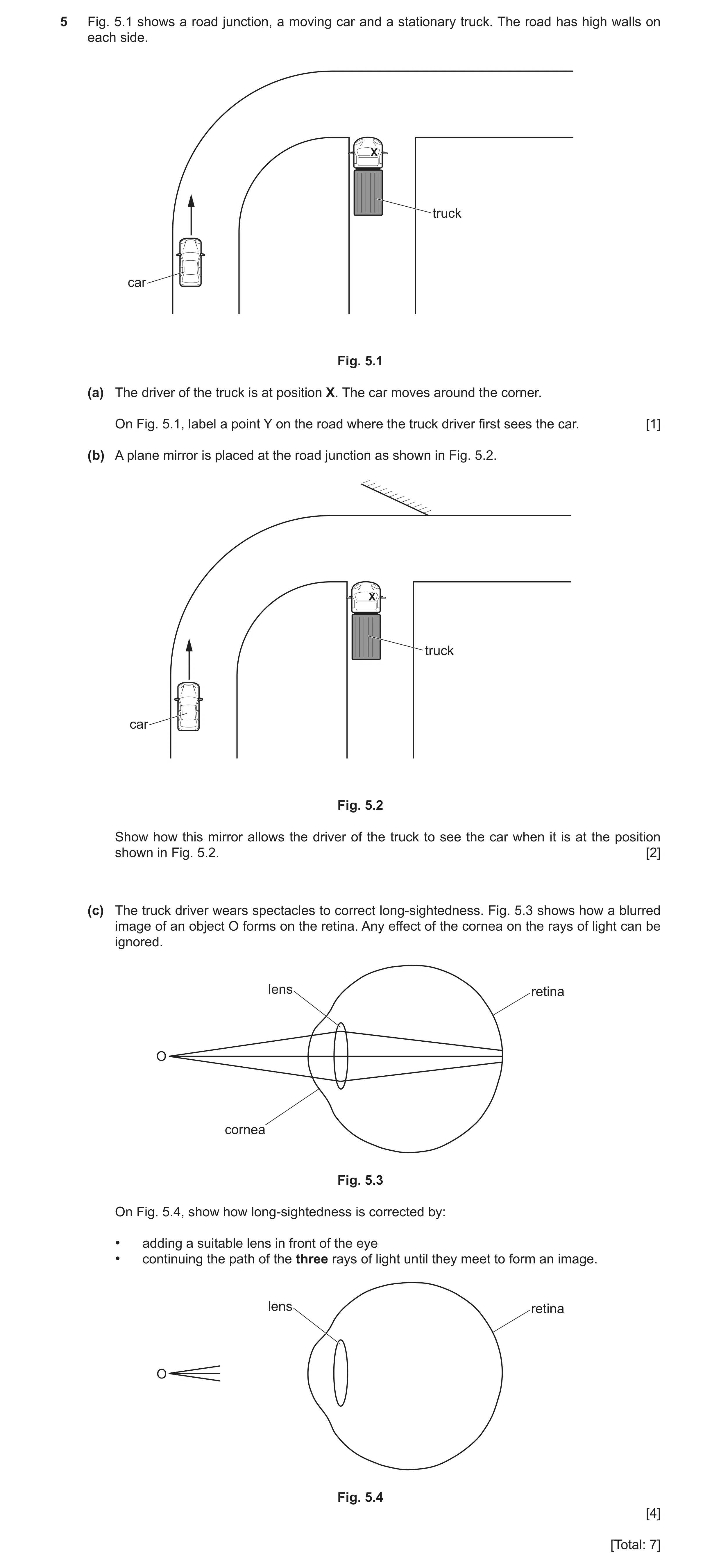 Question 41: Fig. 5.1 shows a road junction, a moving car and a stationary truck. The road has high walls on each side. X truck car Fig. 5.1 (a) The dri…