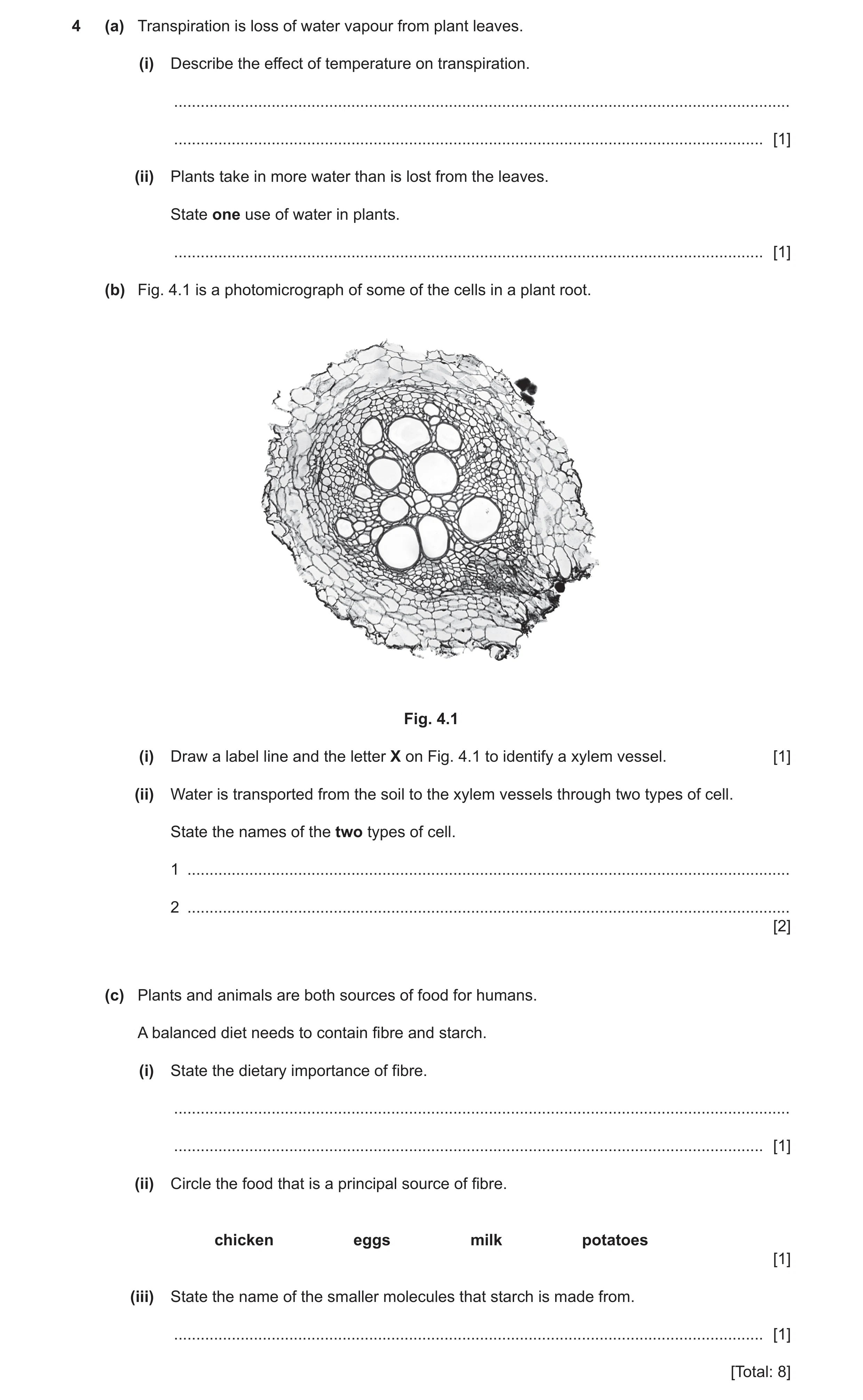 Question 13: (a) Transpiration is loss of water vapour from plant leaves. (i) Describe the effect of temperature on transpiration. .....................…