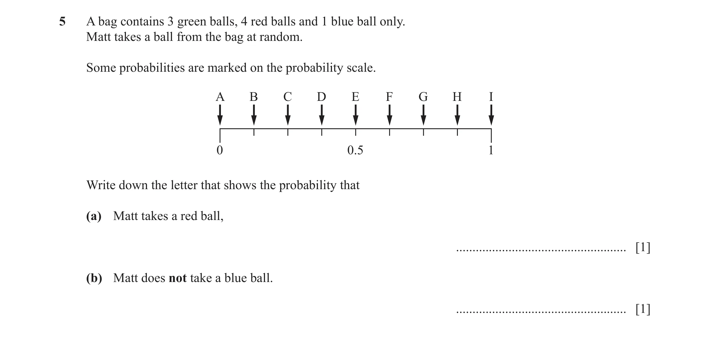 Question 46: A bag contains 3 green balls, 4 red balls and 1 blue ball only. Matt takes a ball from the bag at random. Some probabilities are marked on …