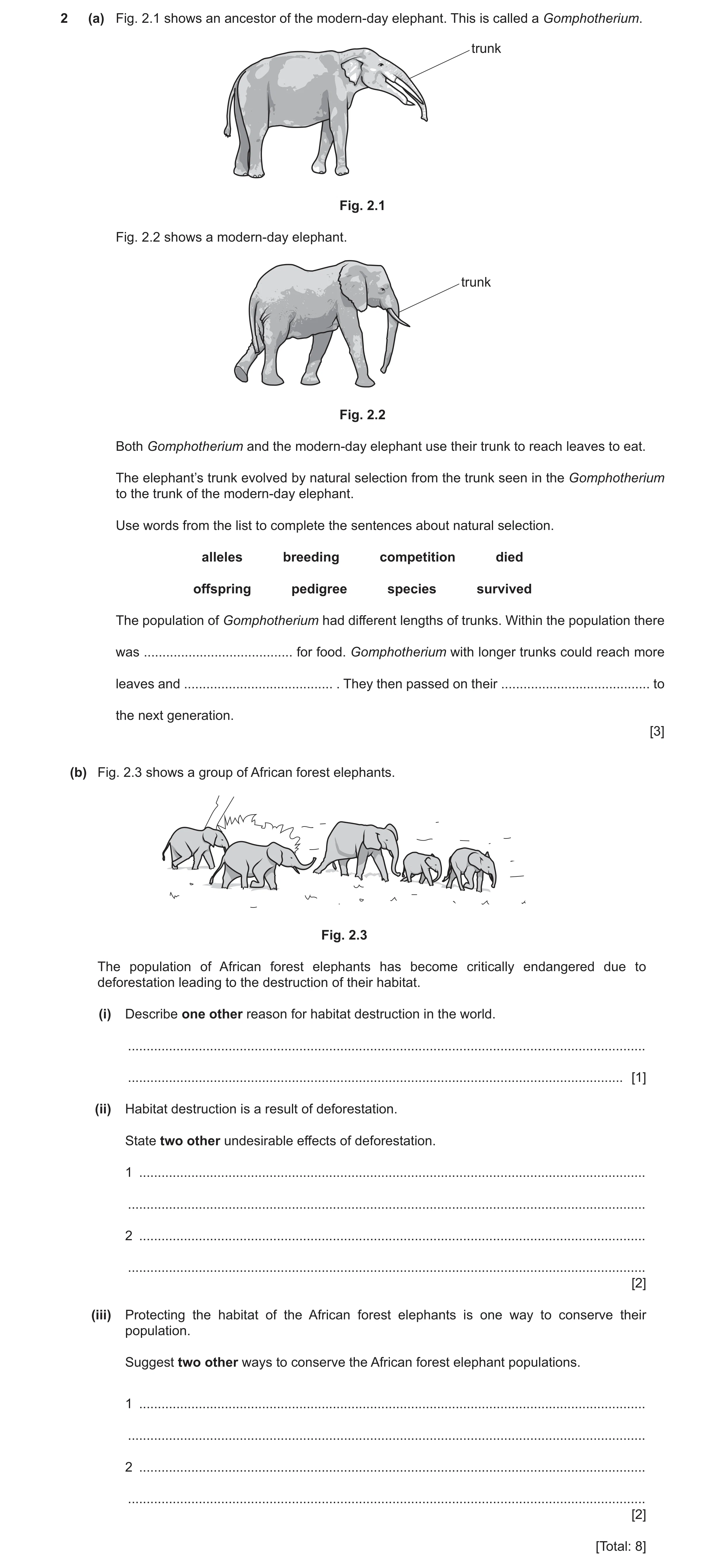 Question 15: (a) Fig. 2.1 shows an ancestor of the modern‑day elephant. This is called a Gomphotherium. trunk Fig. 2.1 Fig. 2.2 shows a modern‑day eleph…
