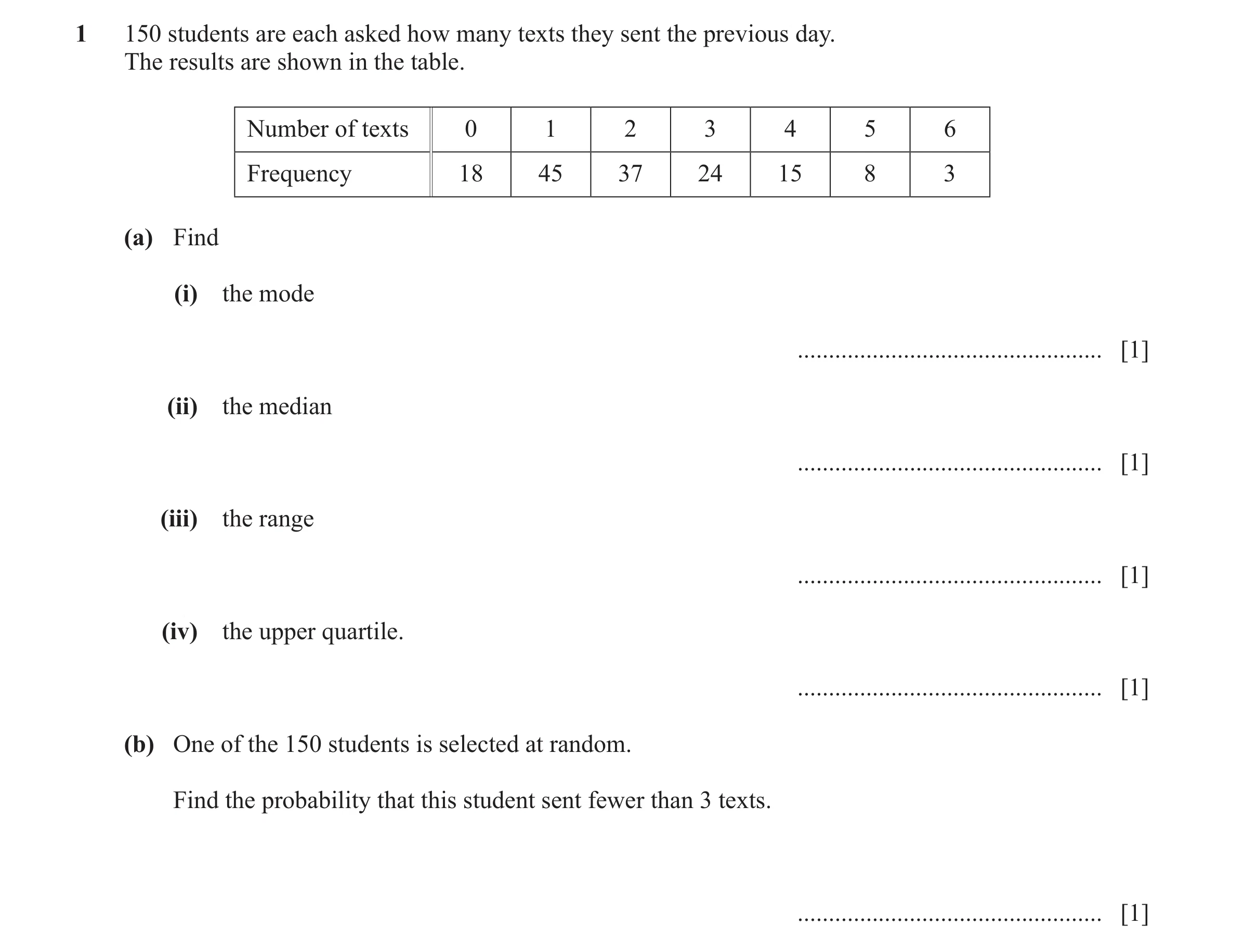 Question 58: 150 students are each asked how many texts they sent the previous day. The results are shown in the table. Number of texts 0 1 2 3 4 5 6 Fr…