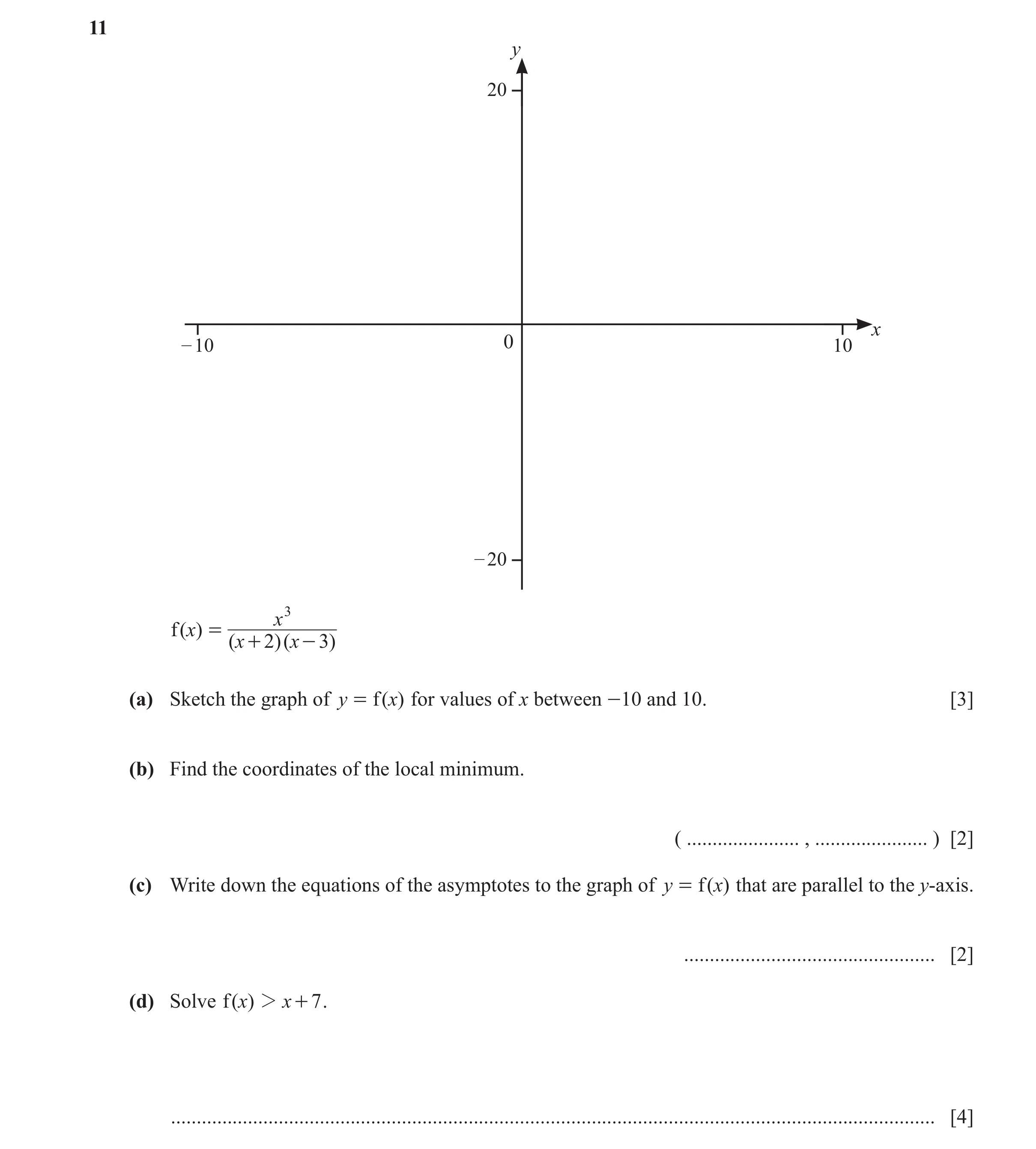 Question 29: y 20 x – 10 0 10 – 20 x 3 f ( x) = ( x + 2)( x - 3) (a) Sketch the graph of y = f ( x) for values of x between -10 and 10. [3] (b) Find the…