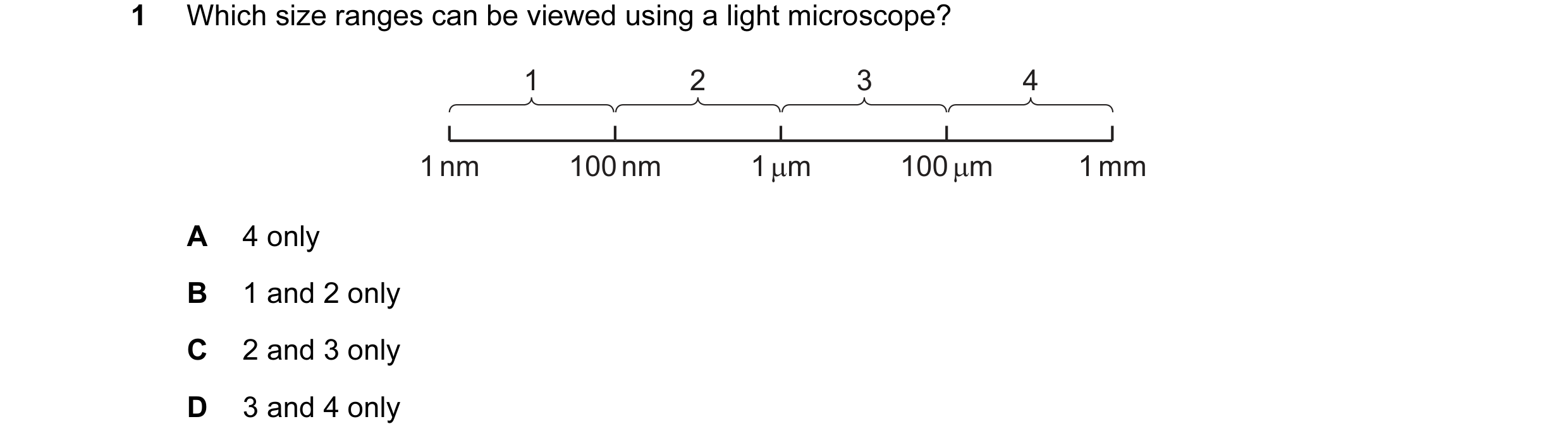 Question 60: Which size ranges can be viewed using a light microscope? 1 2 3 4 1 nm 100 nm 1 µm 100 µm 1 mm A 4 only B 1 and 2 only C 2 and 3 only D 3 a…