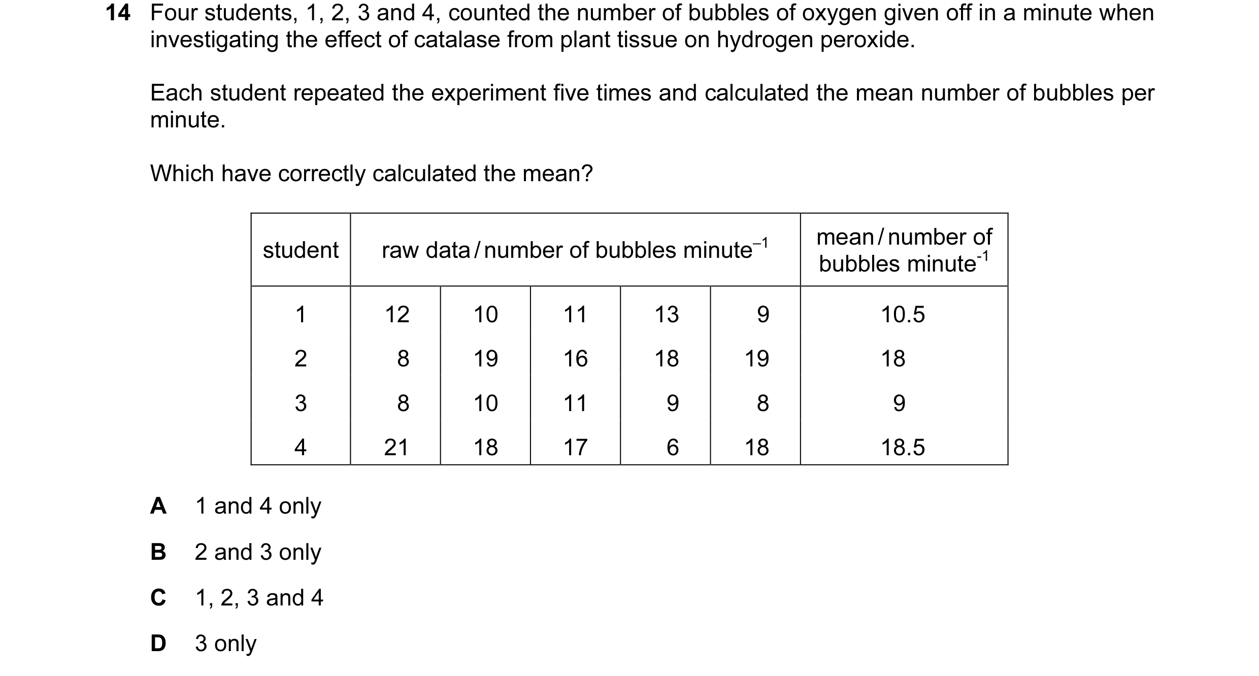 Question 32: Four students, 1, 2, 3 and 4, counted the number of bubbles of oxygen given off in a minute when investigating the effect of catalase from …