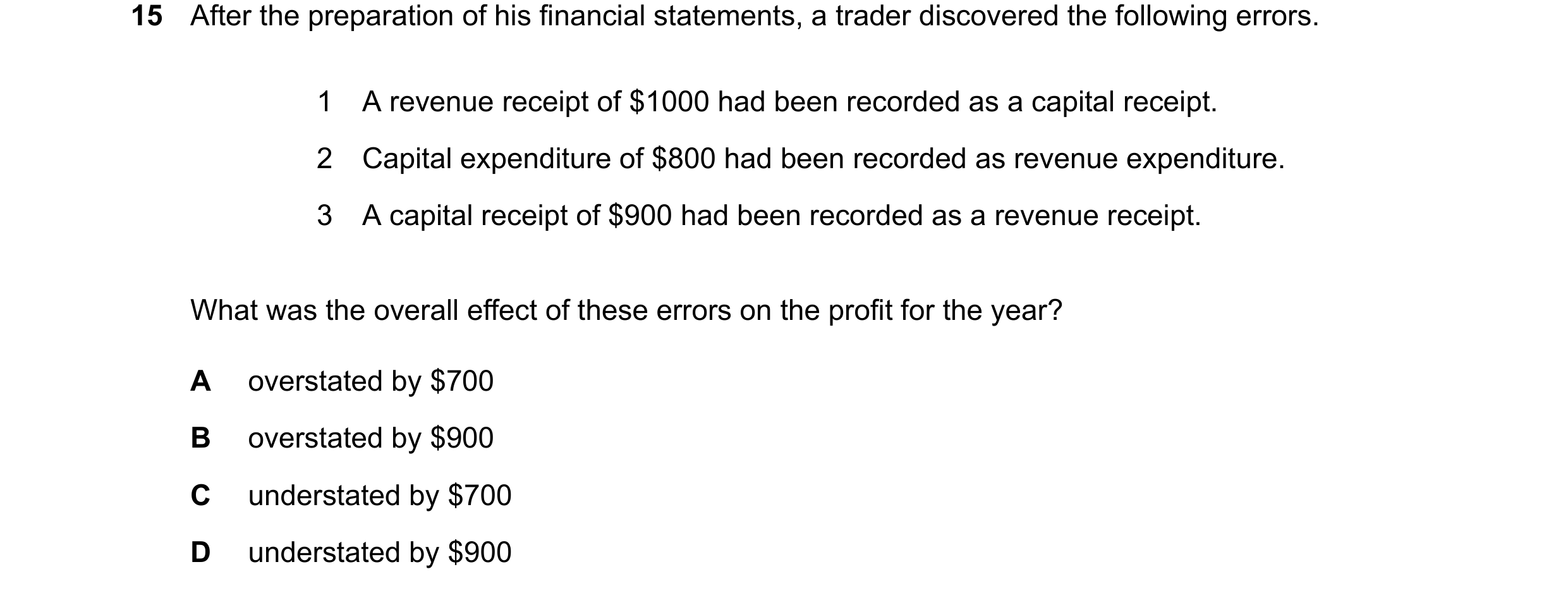 Question 106: After the preparation of his financial statements, a trader discovered the following errors. 1 A revenue receipt of $1000 had been recorded…