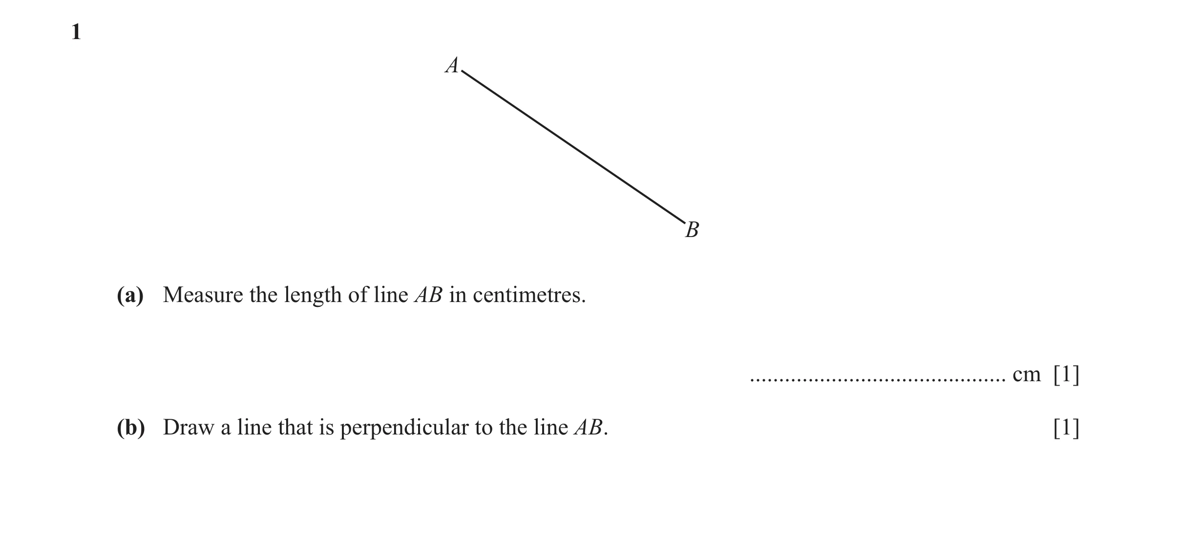 Question 17: A B (a) Measure the length of line AB in centimetres. ............................................ cm [1] (b) Draw a line that is perpendic…
