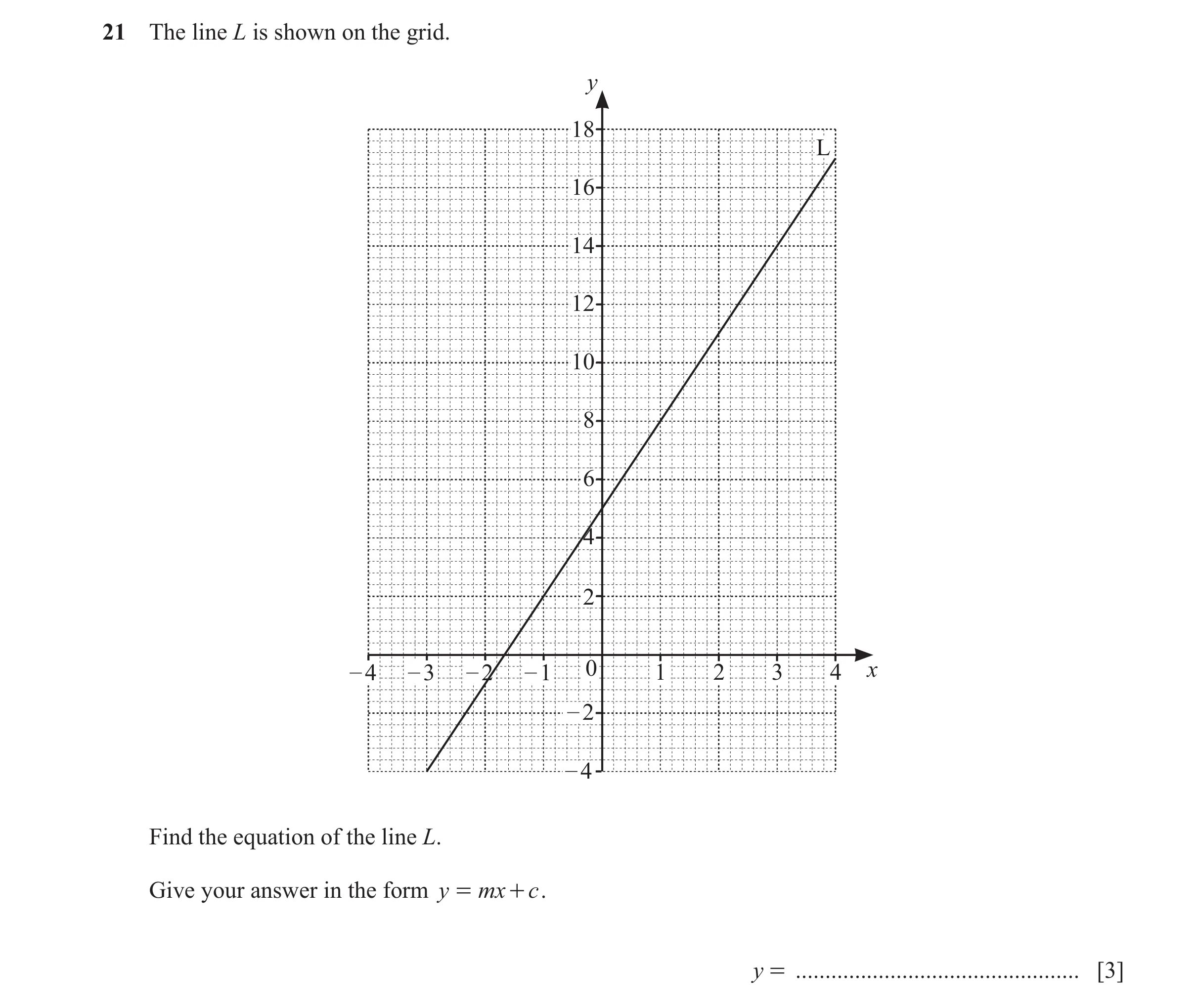 Question 29: The line L is shown on the grid. y 18 L 16 14 12 10 8 6 4 2 – 4 – 3 – 2 – 1 0 1 2 3 4 x – 2 – 4 Find the equation of the line L. Give your …