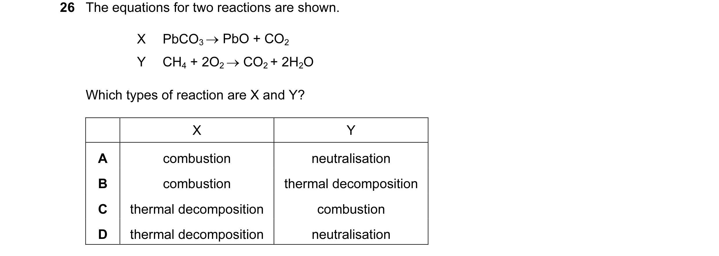 Question 8: The equations for two reactions are shown. X PbCO3 → PbO + CO2 Y CH4 + 2O2 → CO2 + 2H2O Which types of reaction are X and Y? X Y A combusti…