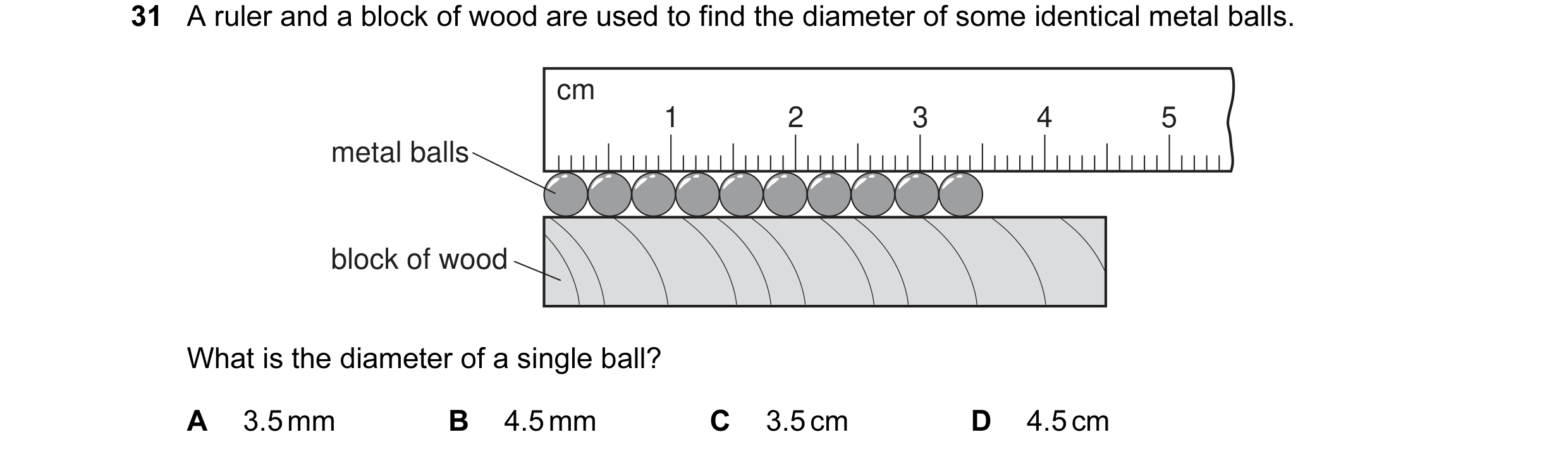 Question 15: A ruler and a block of wood are used to find the diameter of some identical metal balls. cm 1 2 3 4 5 metal balls block of wood What is the…