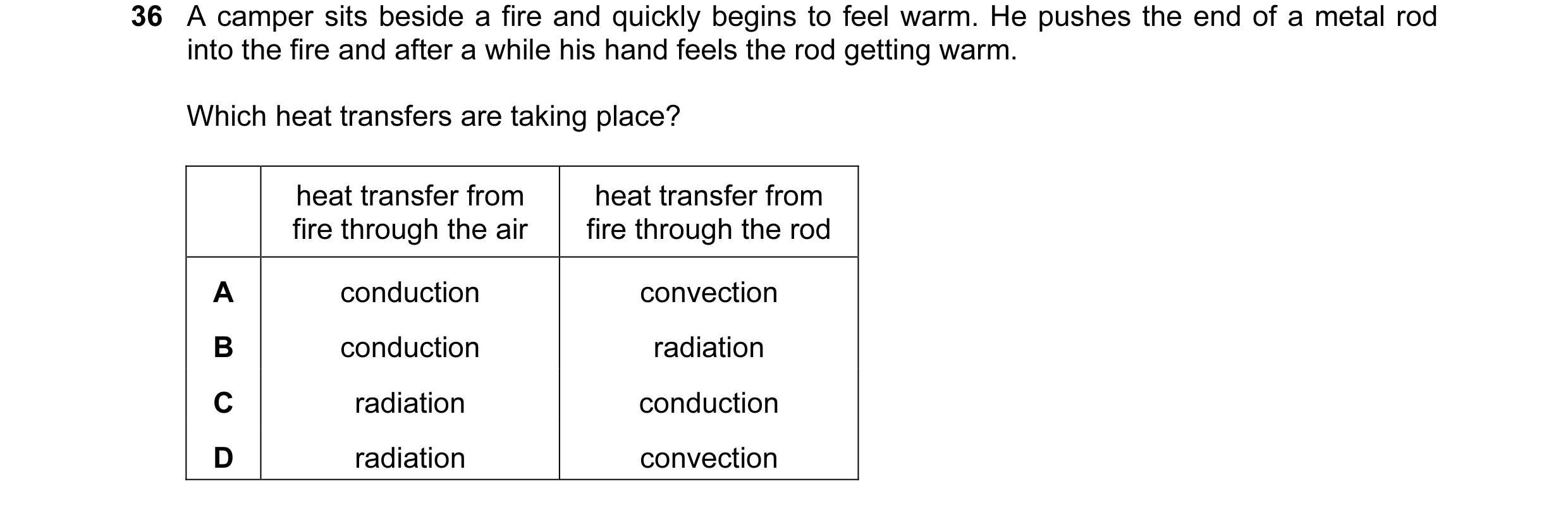 Question 18: A camper sits beside a fire and quickly begins to feel warm. He pushes the end of a metal rod into the fire and after a while his hand feel…