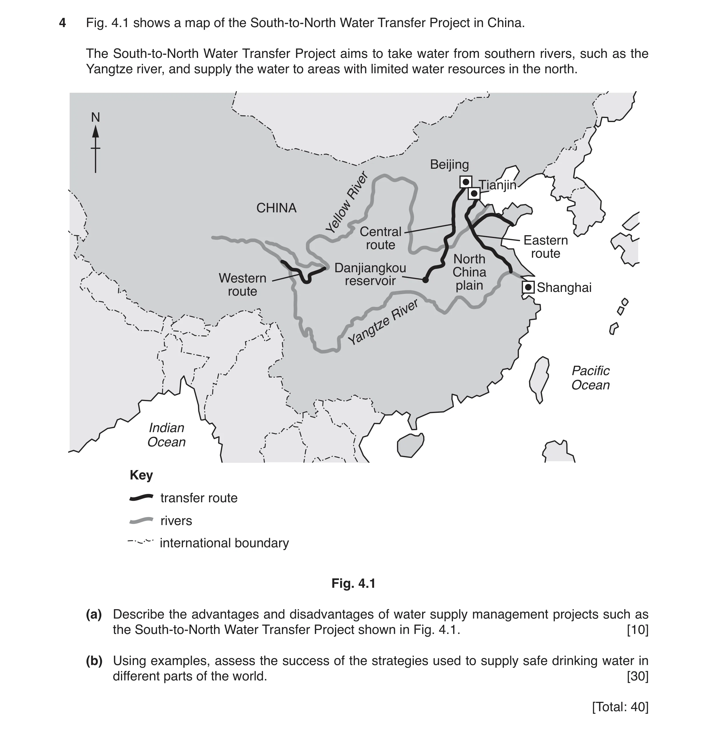 Question 14: Fig. 4.1 shows a map of the South-to-North Water Transfer Project in China. The South-to-North Water Transfer Project aims to take water fr…