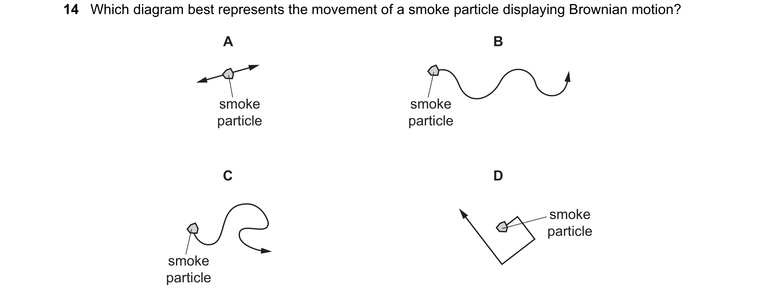 Question 23: Which diagram best represents the movement of a smoke particle displaying Brownian motion? A B smoke smoke particle particle C D smoke part…