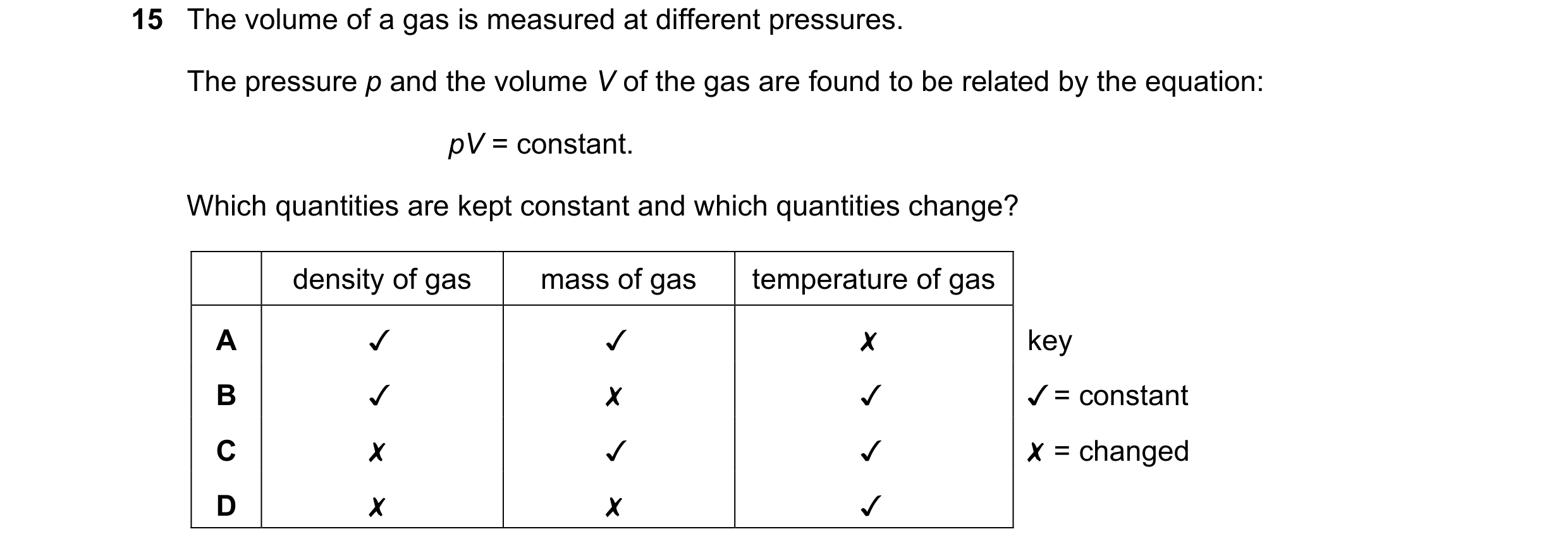 Question 24: The volume of a gas is measured at different pressures.

The pressure p and the volume V of the gas are found to be related by the equation…