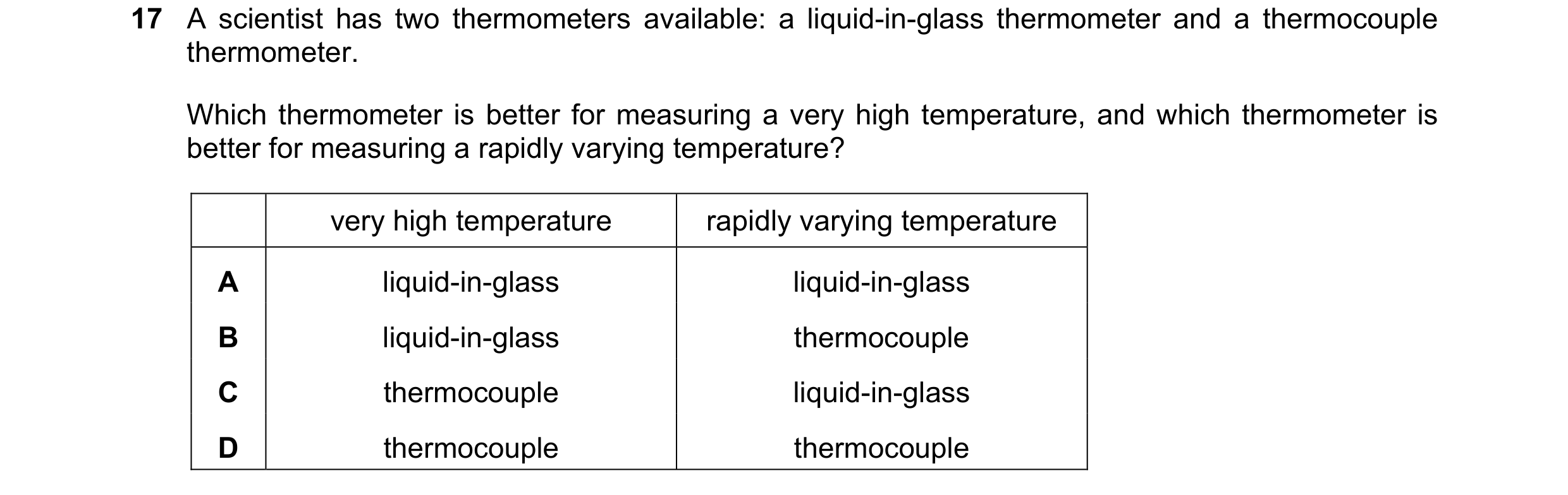 Question 18: A scientist has two thermometers available: a liquid-in-glass thermometer and a thermocouple thermometer. Which thermometer is better for m…