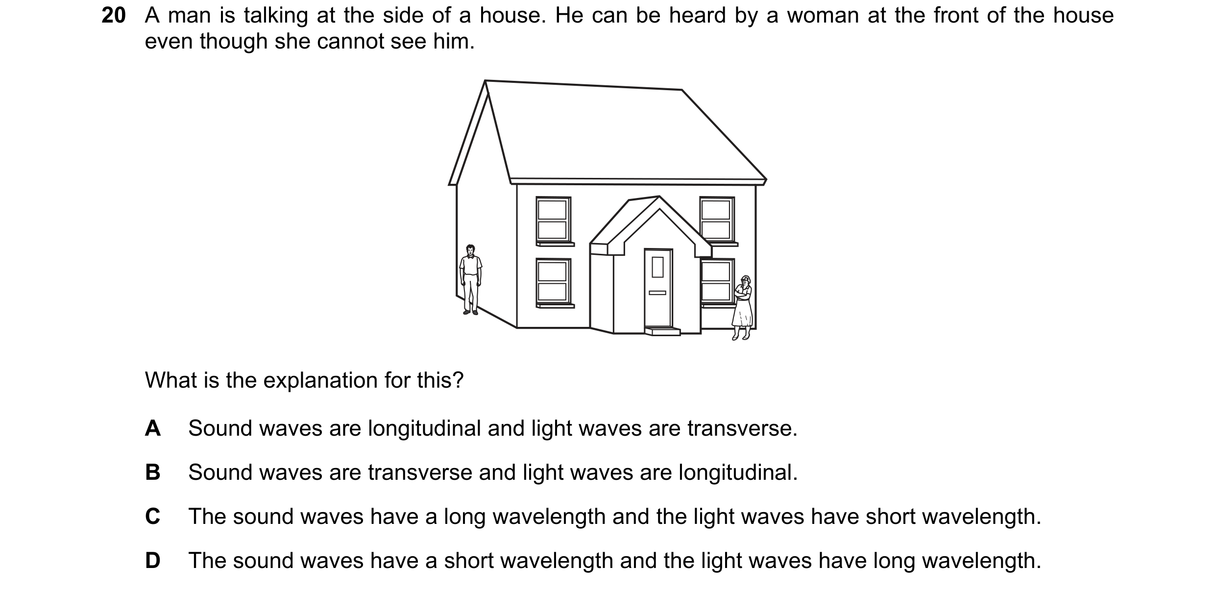 Question 12: A man is talking at the side of a house. He can be heard by a woman at the front of the house even though she cannot see him. What is the e…