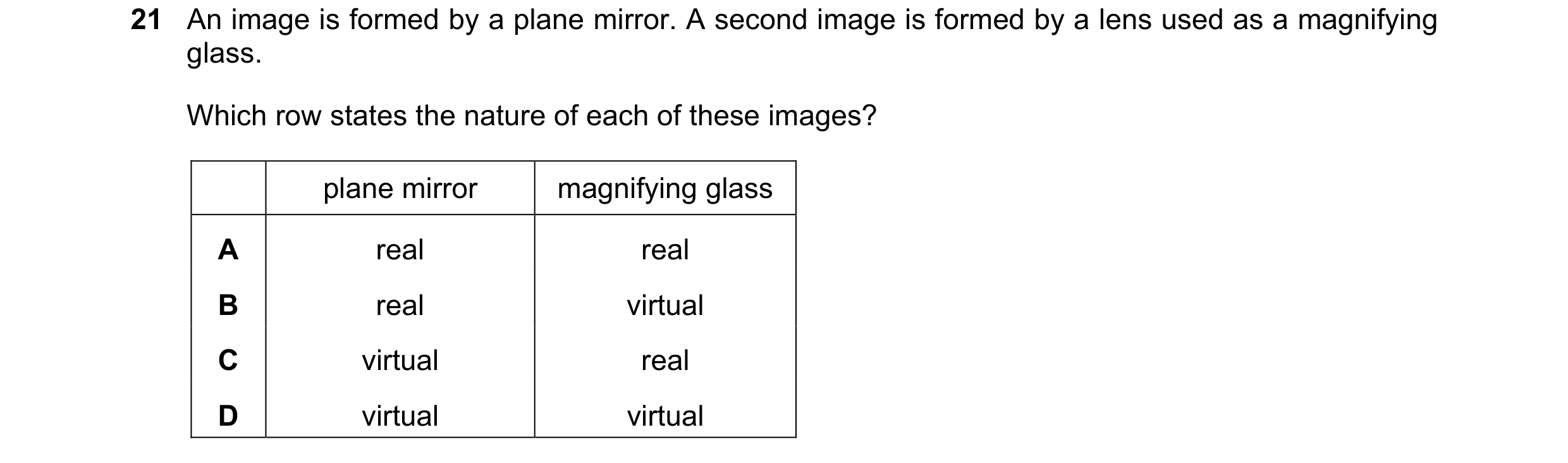 Question 14: An image is formed by a plane mirror. A second image is formed by a lens used as a magnifying glass. Which row states the nature of each of…