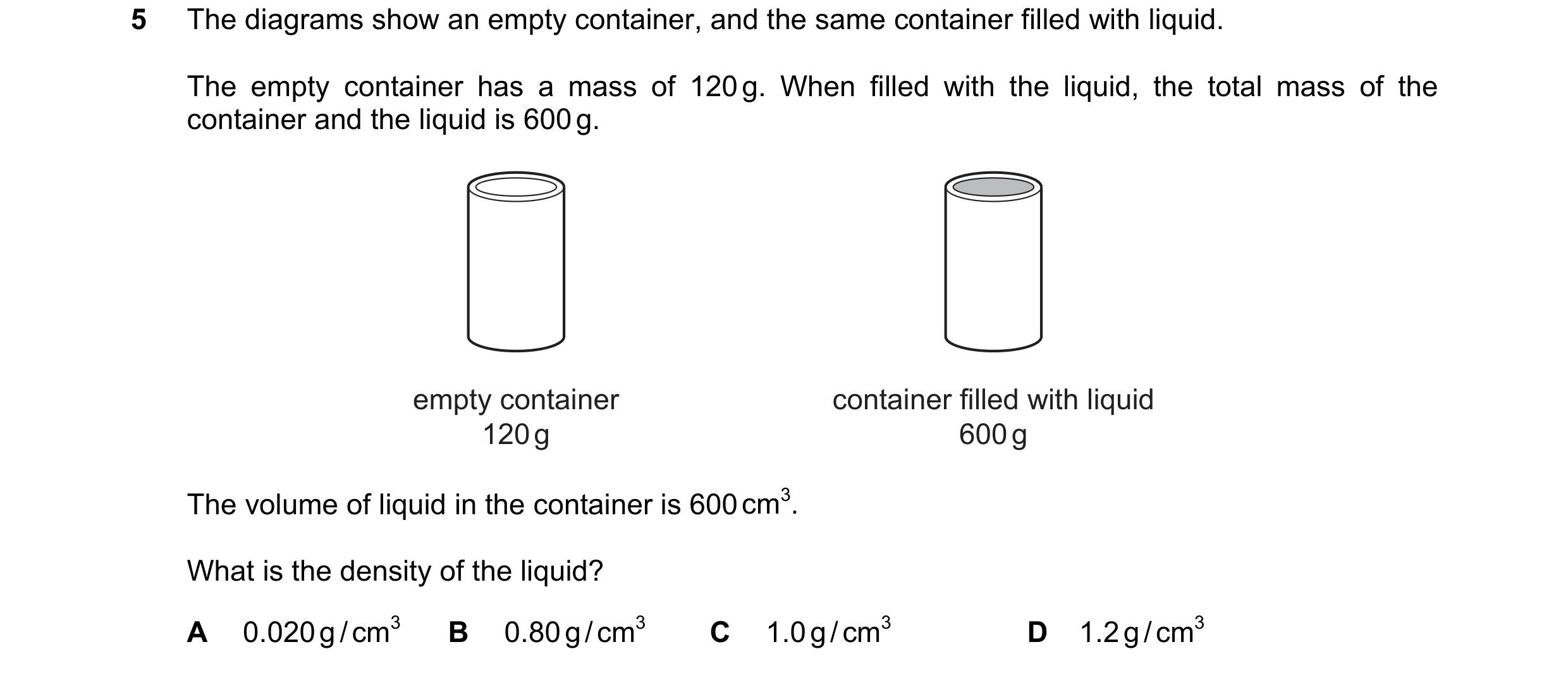 Question 5: The diagrams show an empty container, and the same container filled with liquid. The empty container has a mass of 120 g. When filled with …