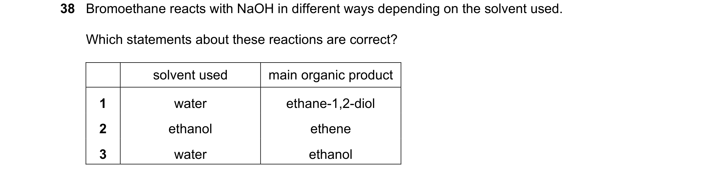 Question 173: Bromoethane reacts with NaOH in different ways depending on the solvent used. Which statements about these reactions are correct? solvent u…