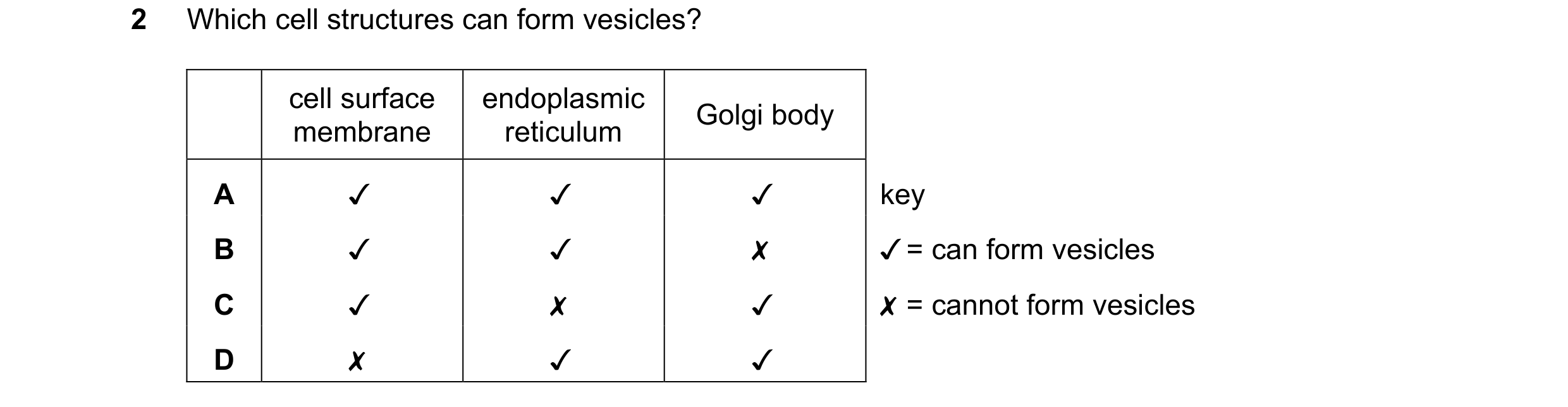 Question 314: Which cell structures can form vesicles?

cell surface

endoplasmic

membrane reticulum Golgi body
A Jv v v key
B v v x / = can form vesicl…