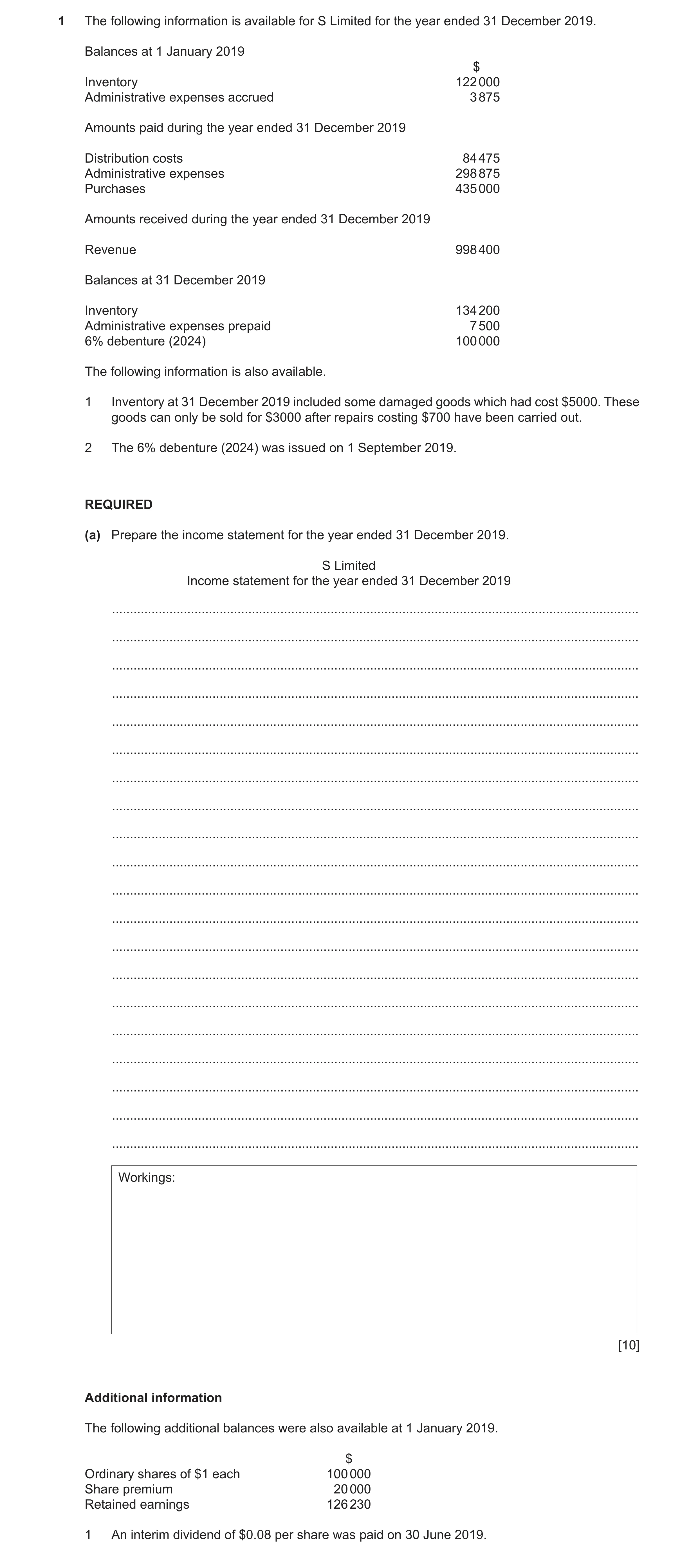 Question 34: The following information is available for S Limited for the year ended 31 December 2019. Balances at 1 January 2019 $ Inventory 122 000 Ad…