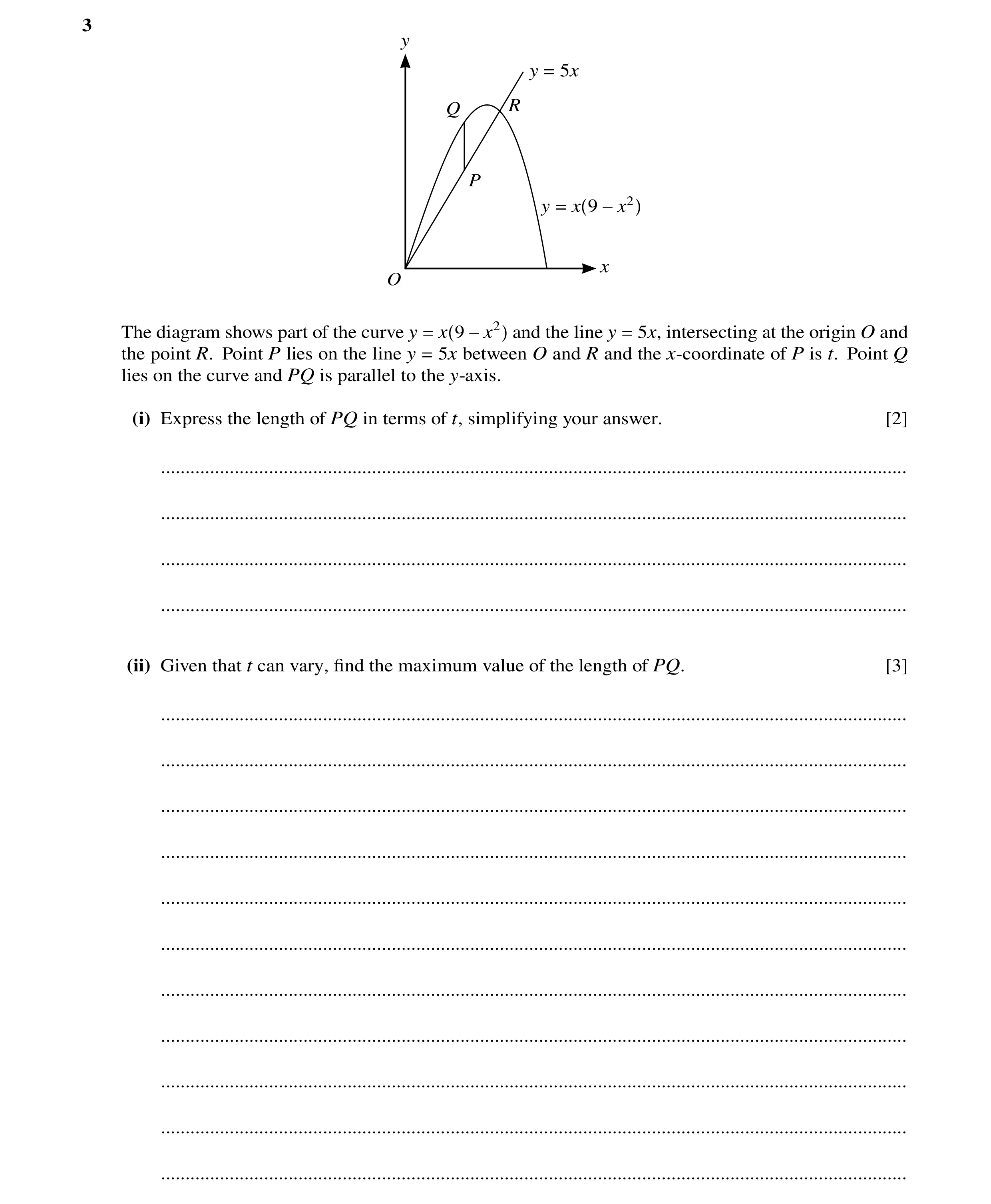 Question 55: y y = 5x Q R P y = x 9 −x2 x O The diagram shows part of the curve y x 9 and the line y 5x, intersecting at the origin O and the point R. P…