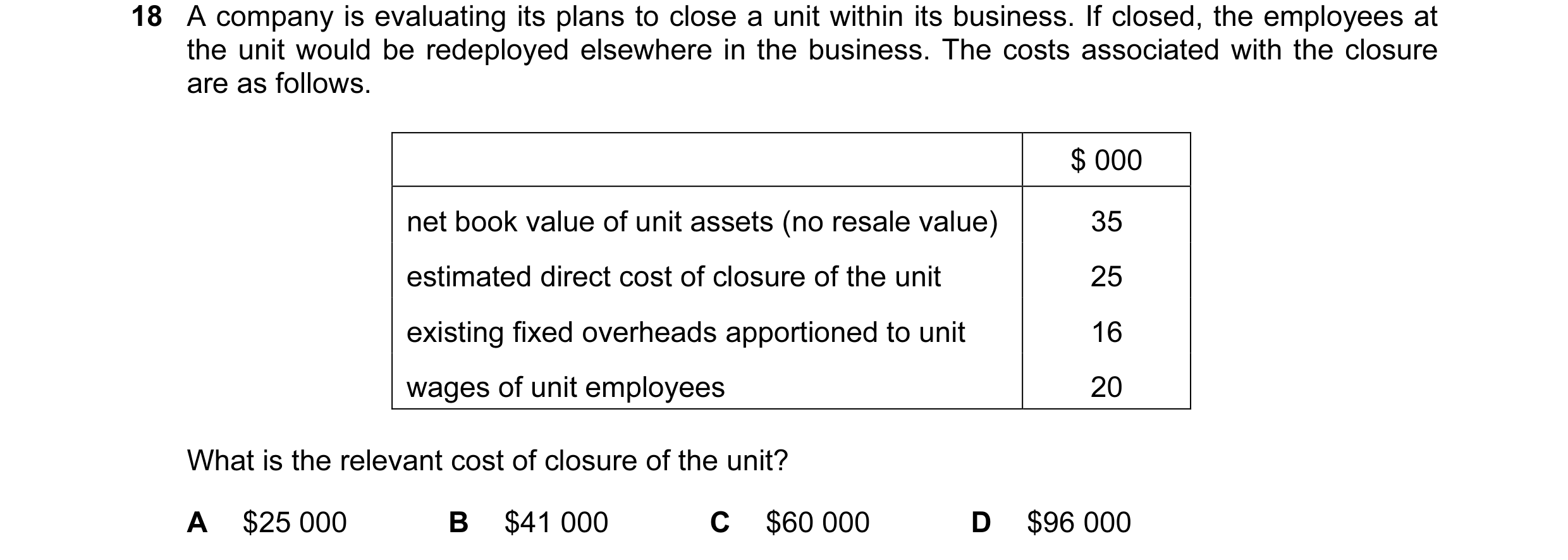 Question 2: A company is evaluating its plans to close a unit within its business. If closed, the employees at the unit would be redeployed elsewhere i…