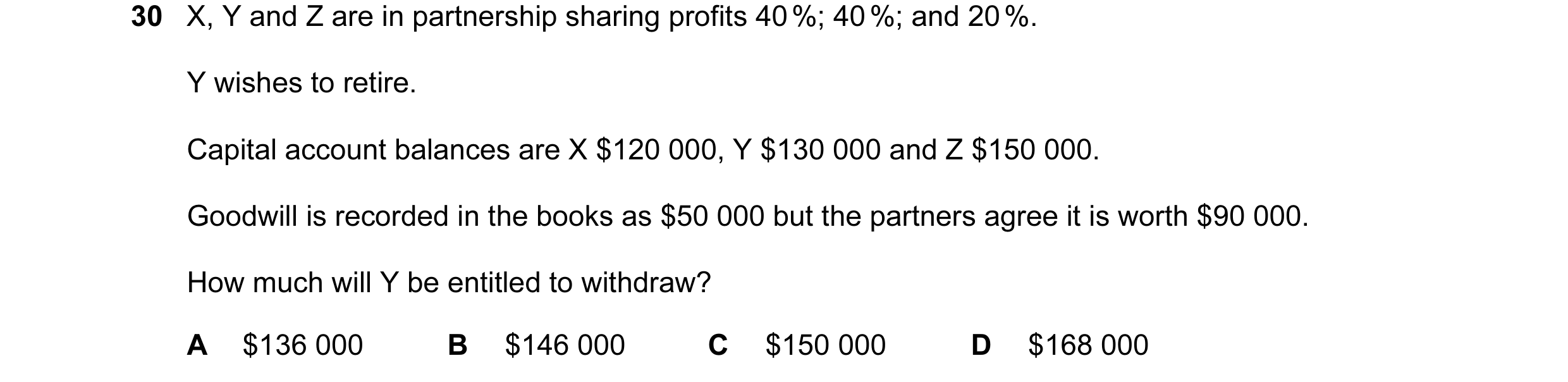Question 2: X, Y and Z are in partnership sharing profits 40 %; 40 %; and 20 %. Y wishes to retire. Capital account balances are X $120 000, Y $130 000…
