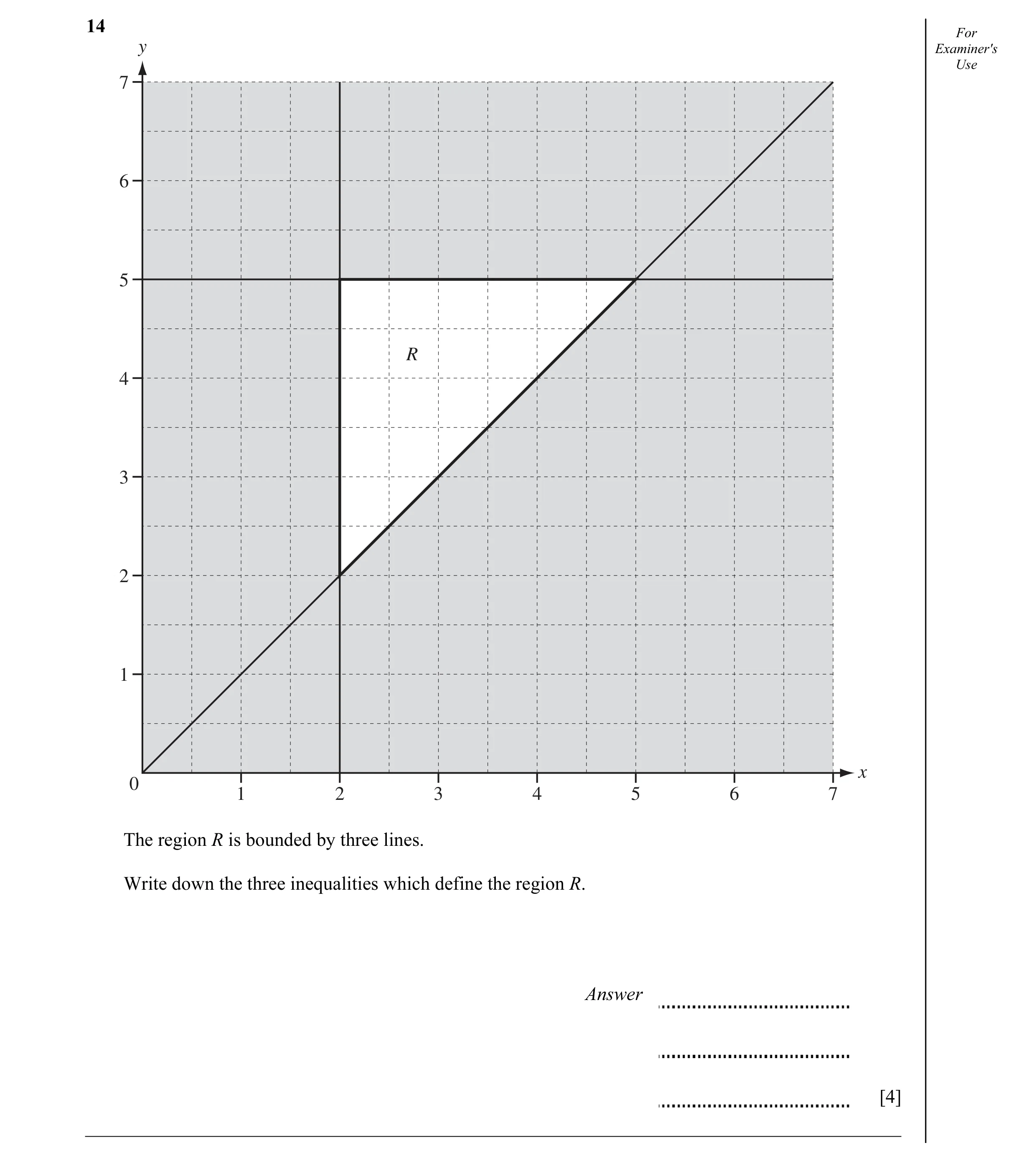 Question 8: For y Examiner's Use 7 6 5 R 4 3 2 1 x 0 1 2 3 4 5 6 7 The region R is bounded by three lines. Write down the three inequalities which defi…