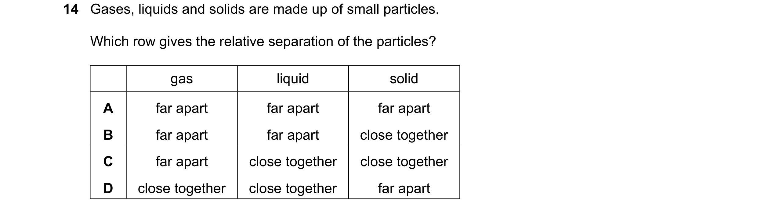Question 26: Gases, liquids and solids are made up of small particles. Which row gives the relative separation of the particles? gas liquid solid A far …