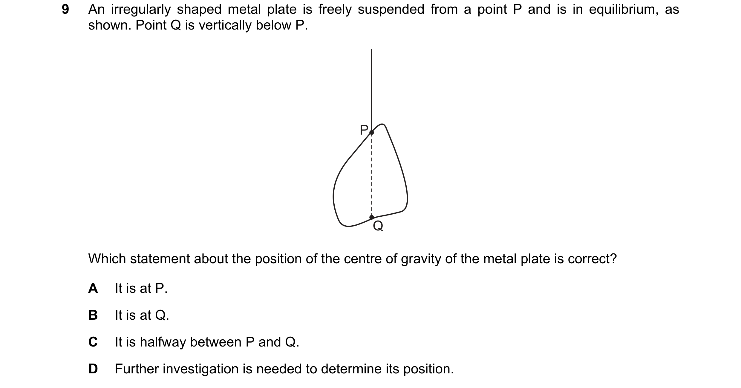 Question 36: An irregularly shaped metal plate is freely suspended from a point P and is in equilibrium, as shown. Point Q is vertically below P. P Q Wh…