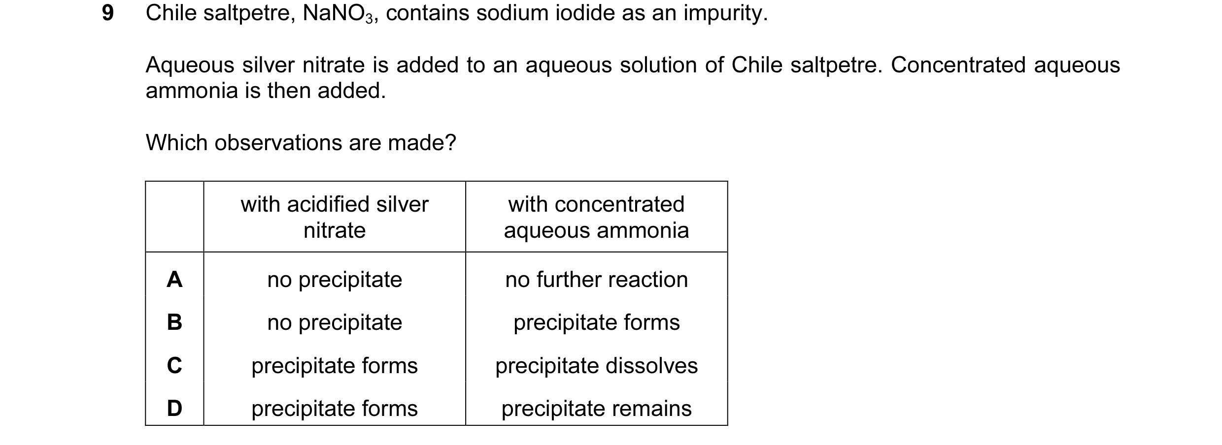 Question 14: Chile saltpetre, NaNO3, contains sodium iodide as an impurity. Aqueous silver nitrate is added to an aqueous solution of Chile saltpetre. C…