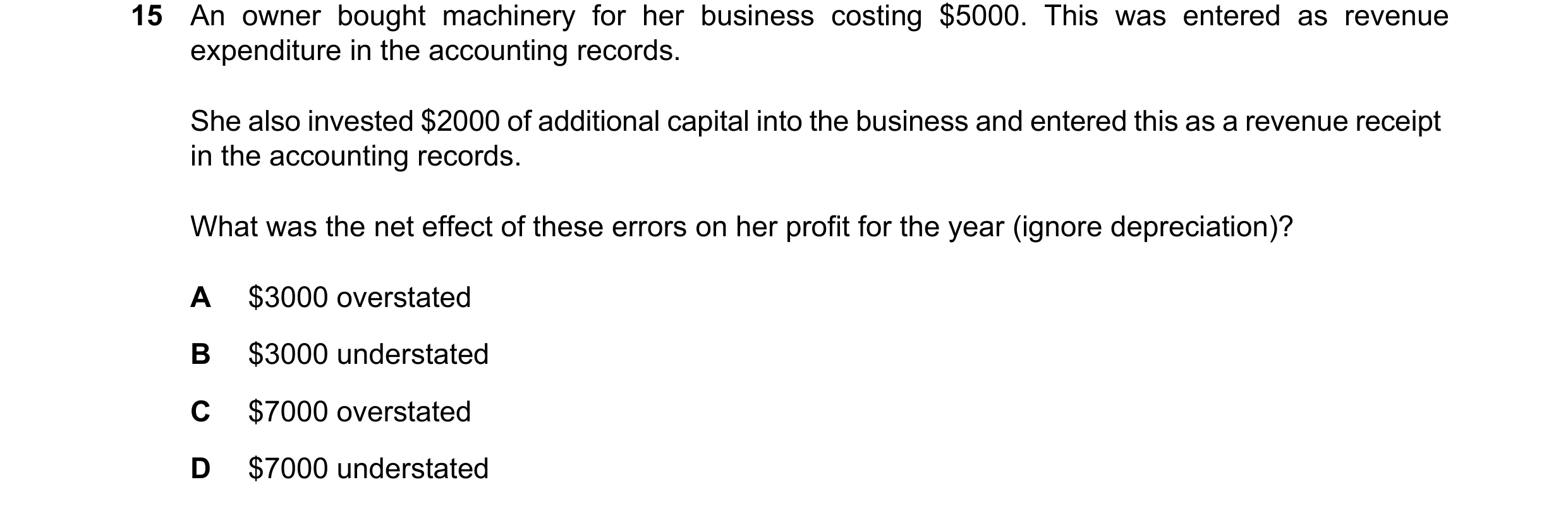 Question 152: An owner bought machinery for her business costing $5000. This was entered as revenue expenditure in the accounting records. She also inves…