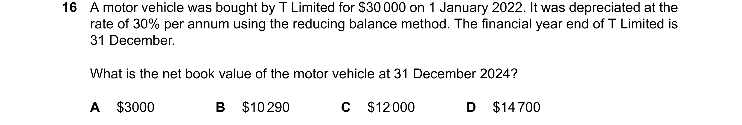 Question 88: A motor vehicle was bought by T Limited for $30000 on 1 January 2022. It was depreciated at the rate of 30% per annum using the reducing ba…