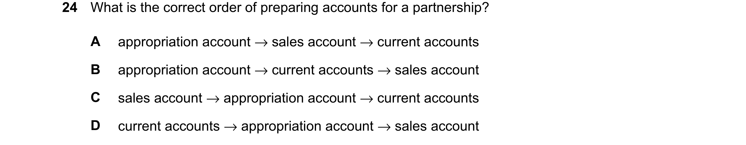 Question 71: What is the correct order of preparing accounts for a partnership? A appropriation account →sales account →current accounts B appropriation…