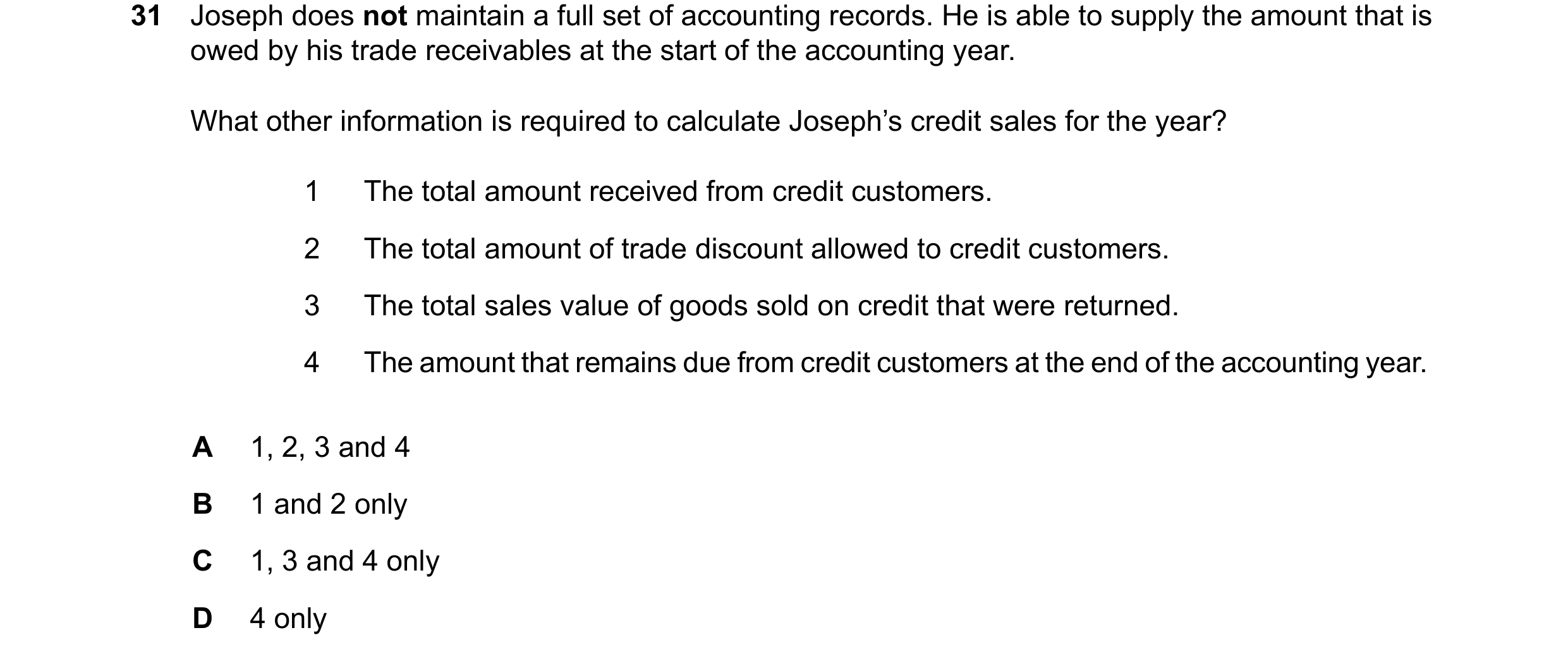 Question 50: Joseph does not maintain a full set of accounting records. He is able to supply the amount that is owed by his trade receivables at the sta…