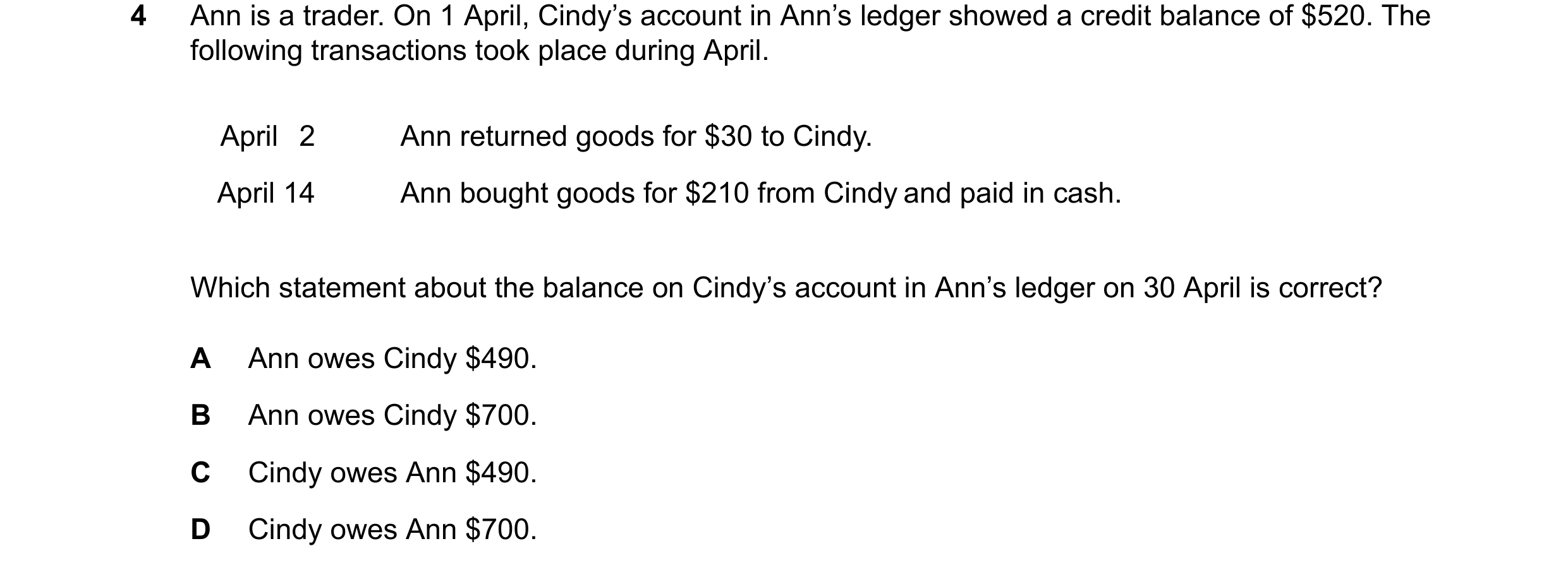 Question 110: Ann is a trader. On 1 April, Cindy’s account in Ann’s ledger showed a credit balance of $520. The following transactions took place during …
