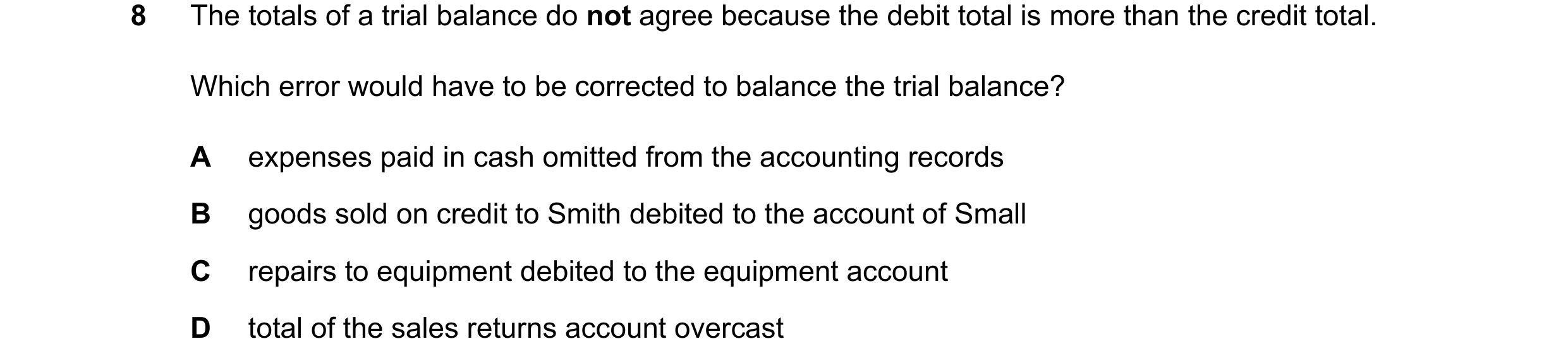 Question 149: The totals of a trial balance do not agree because the debit total is more than the credit total. Which error would have to be corrected to…