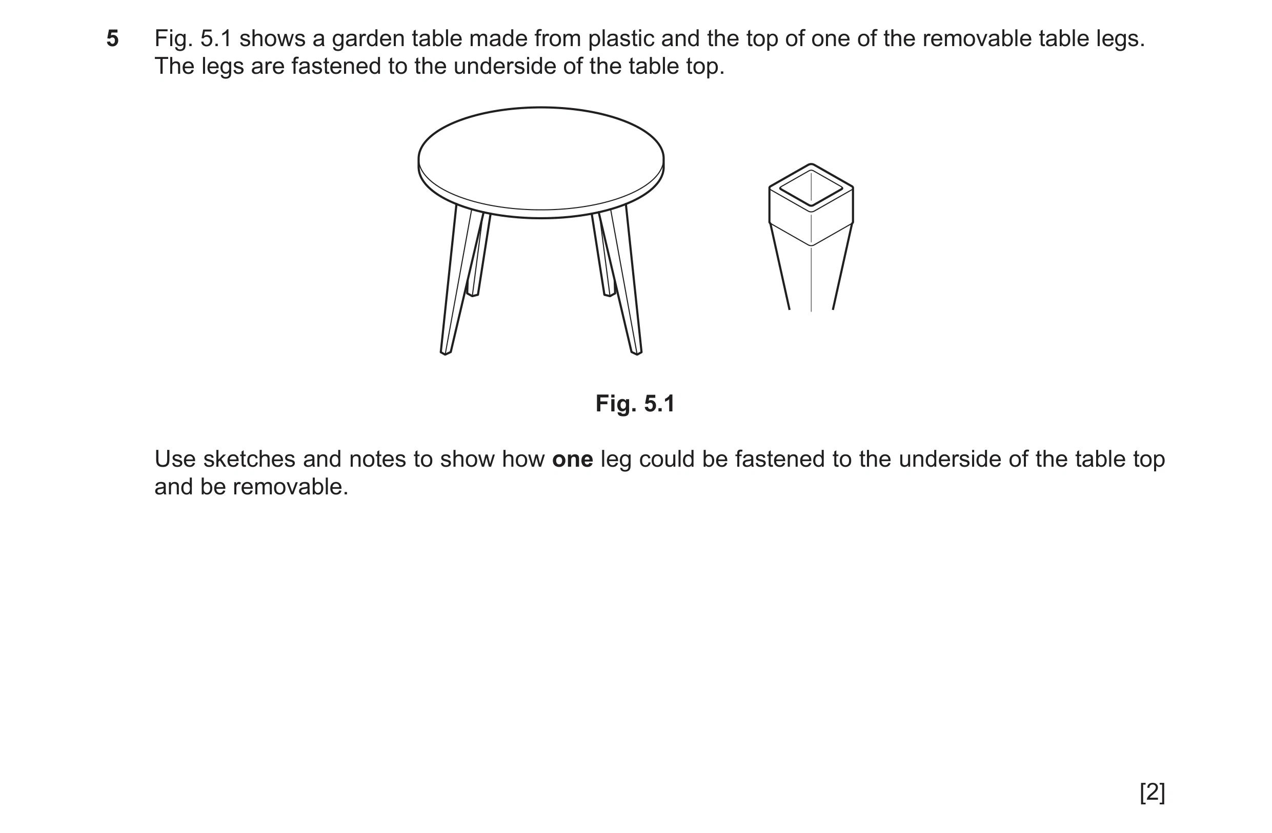 Question 178: Fig. 5.1 shows a garden table made from plastic and the top of one of the removable table legs. The legs are fastened to the underside of t…