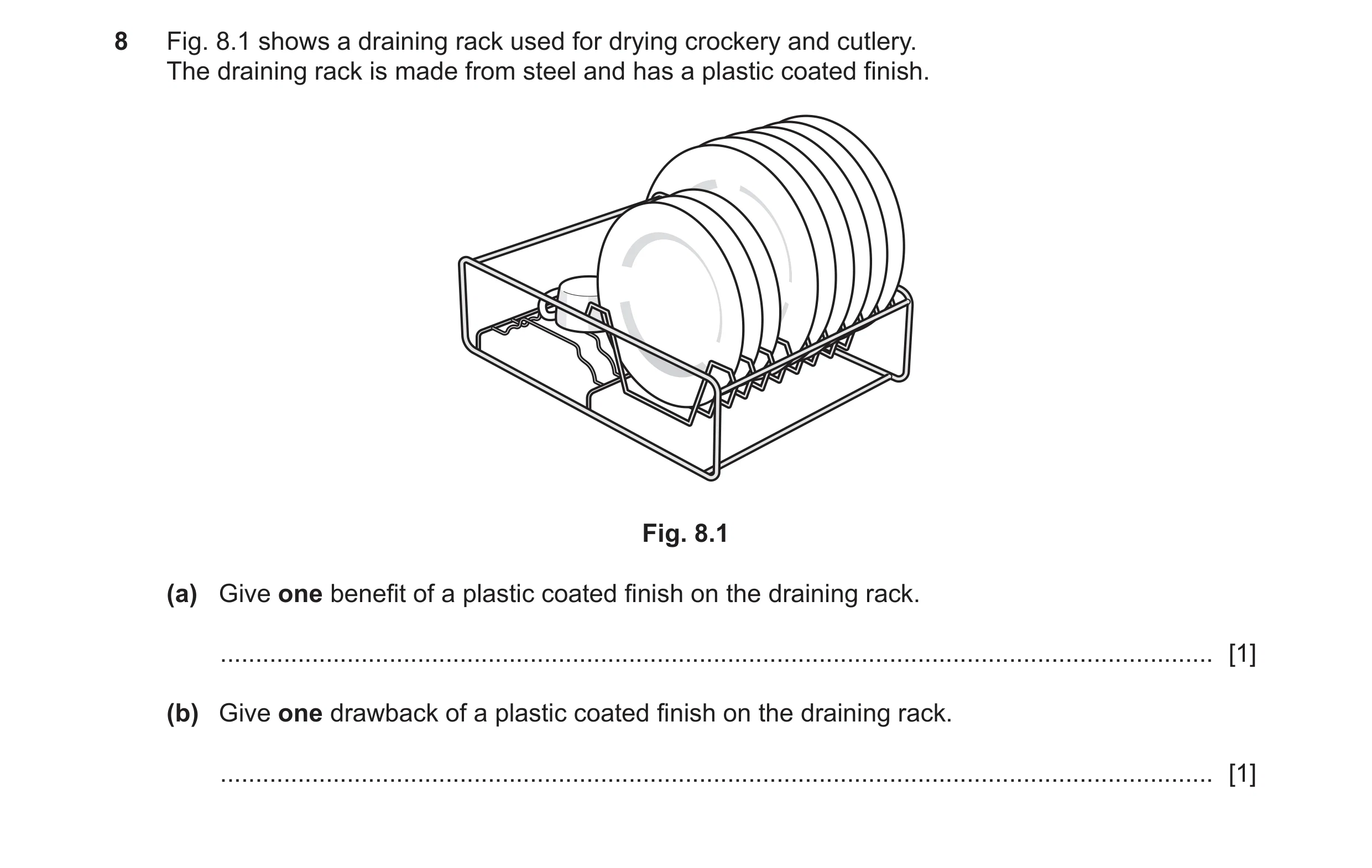 Question 180: Fig. 8.1 shows a draining rack used for drying crockery and cutlery. The draining rack is made from steel and has a plastic coated finish. …