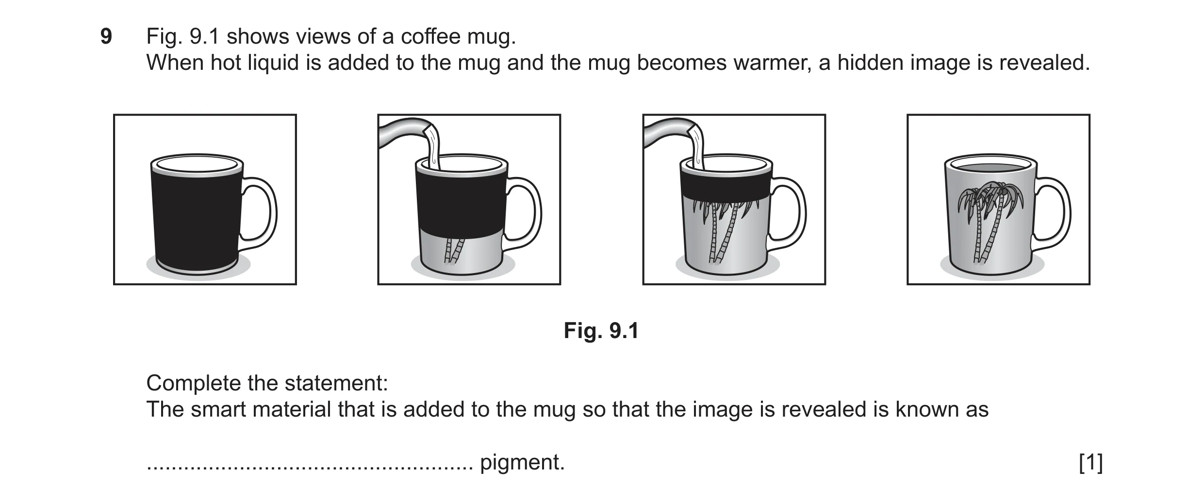 Question 54: Fig. 9.1 shows views of a coffee mug. When hot liquid is added to the mug and the mug becomes warmer, a hidden image is revealed. Fig. 9.1 …