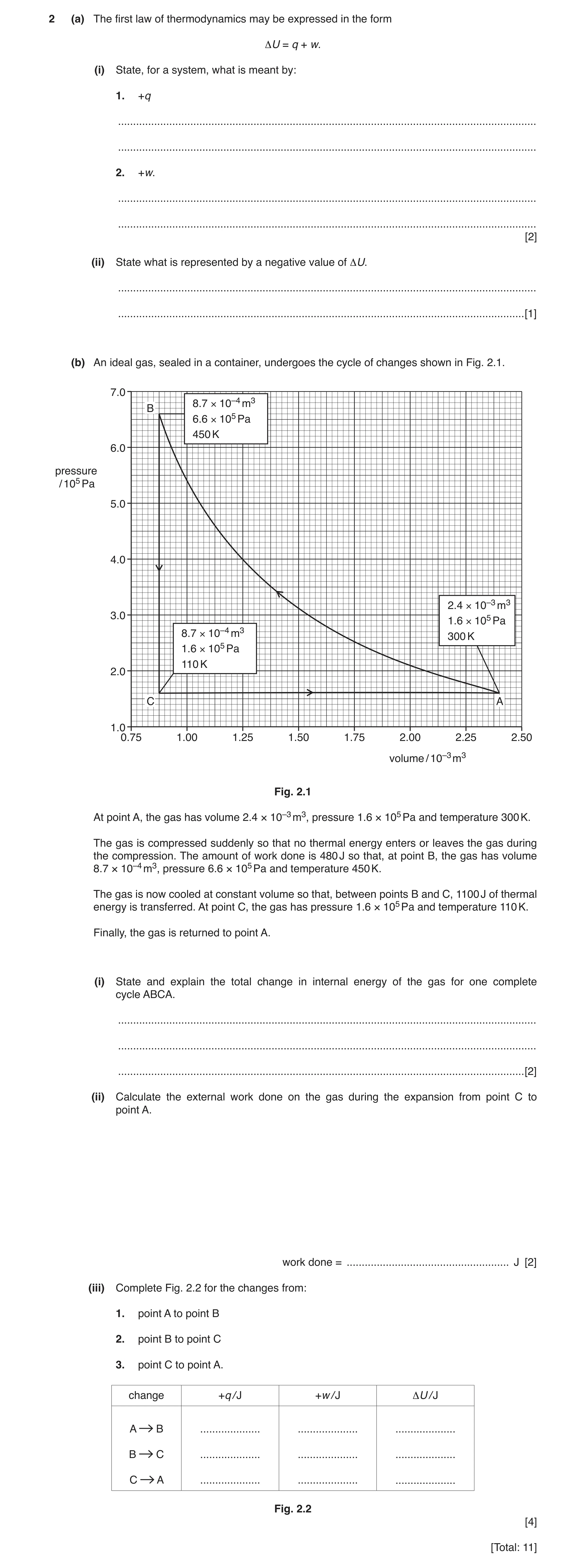 Question 7: (a) The first law of thermodynamics may be expressed in the form ΔU = q + w. (i) State, for a system, what is meant by: 1. +q .............…