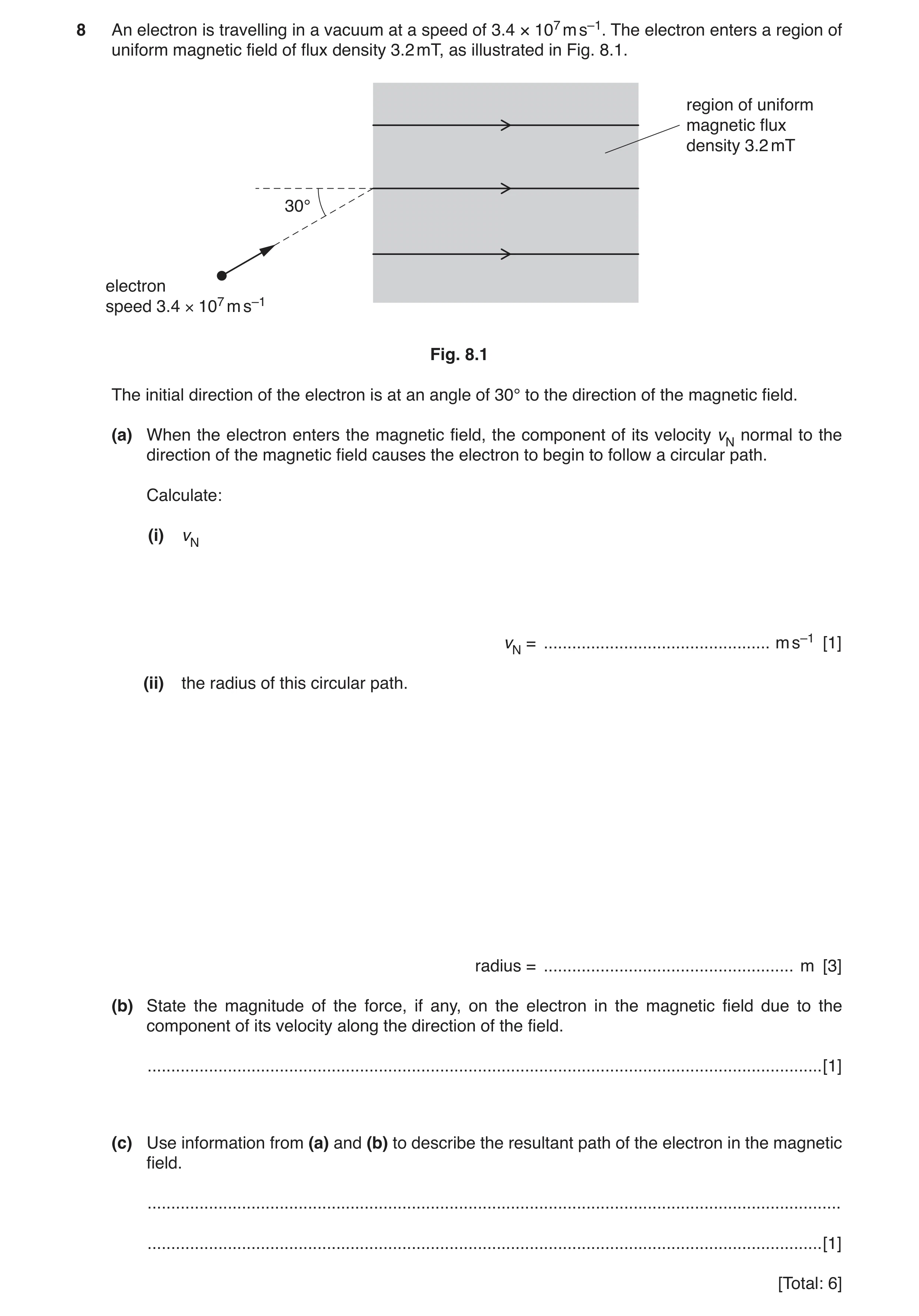 Question 12: An electron is travelling in a vacuum at a speed of 3.4 × 107 m s–1. The electron enters a region of uniform magnetic field of flux density…