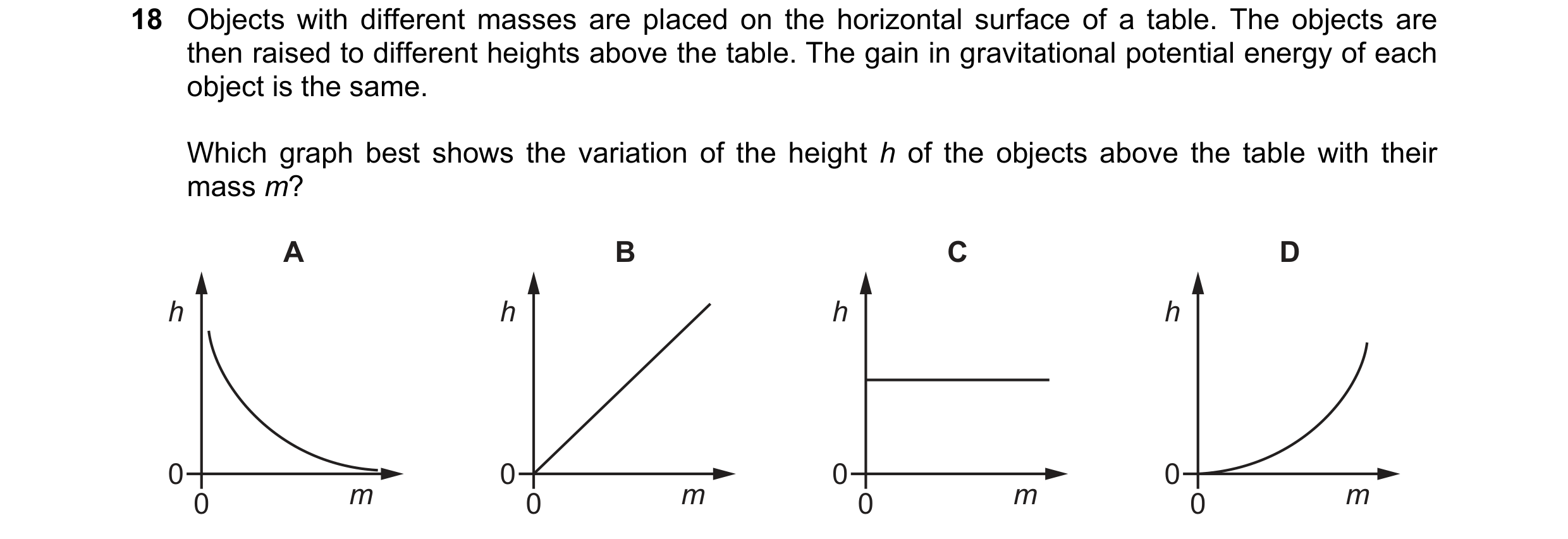 Question 131: Objects with different masses are placed on the horizontal surface of a table. The objects are then raised to different heights above the t…