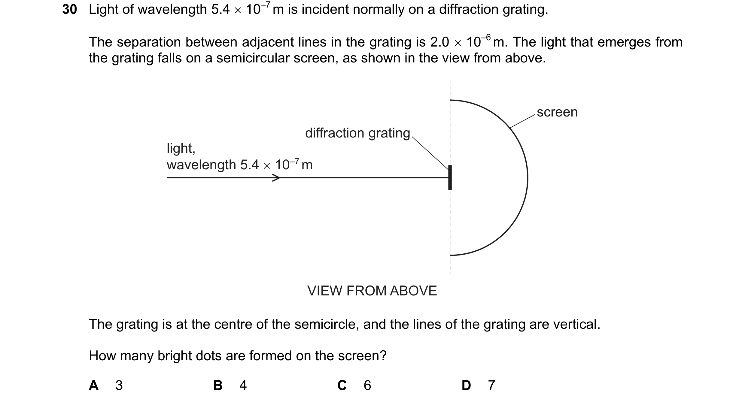 Question 58: Light of wavelength 5.4 x 10°’ mis incident normally on a diffraction grating.

The separation between adjacent lines in the grating is 2.0…